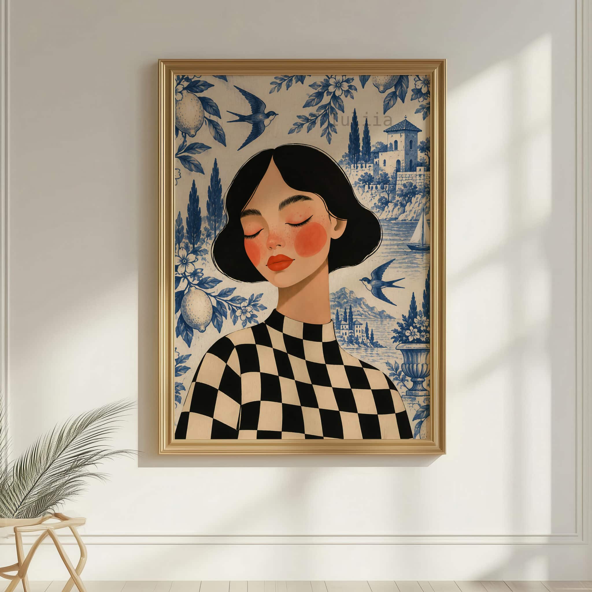 French Riviera Art Print, Toile de Jouy Woman Portrait, Blue White Coastal Scene, Mediterranean French Decor for Elegant European Interiors - photo #7