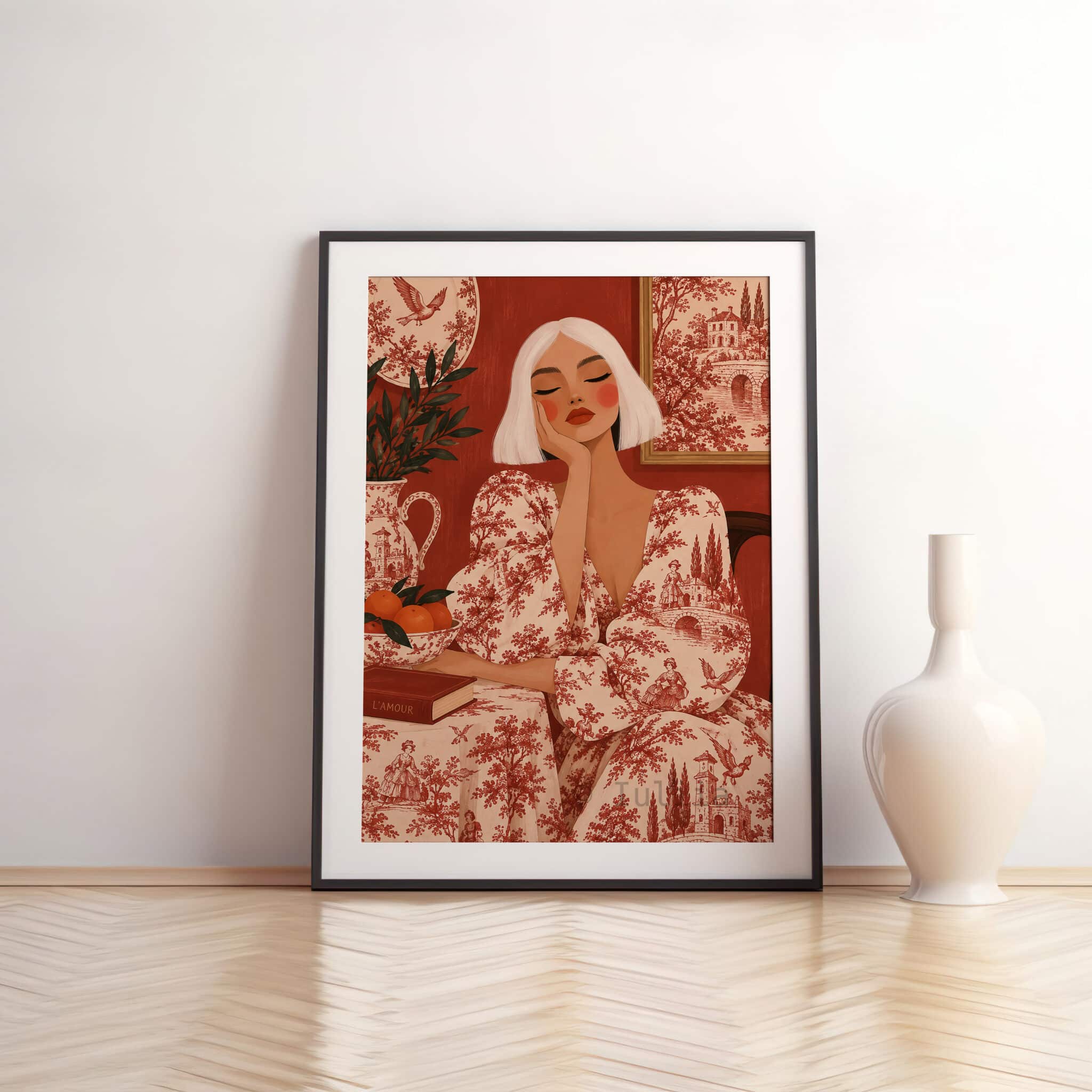 Red Toile Wall Art, French Country Woman Reading Portrait, Classic Pastoral Pattern, Vintage European Decor for Romantic Living Spaces - photo #10