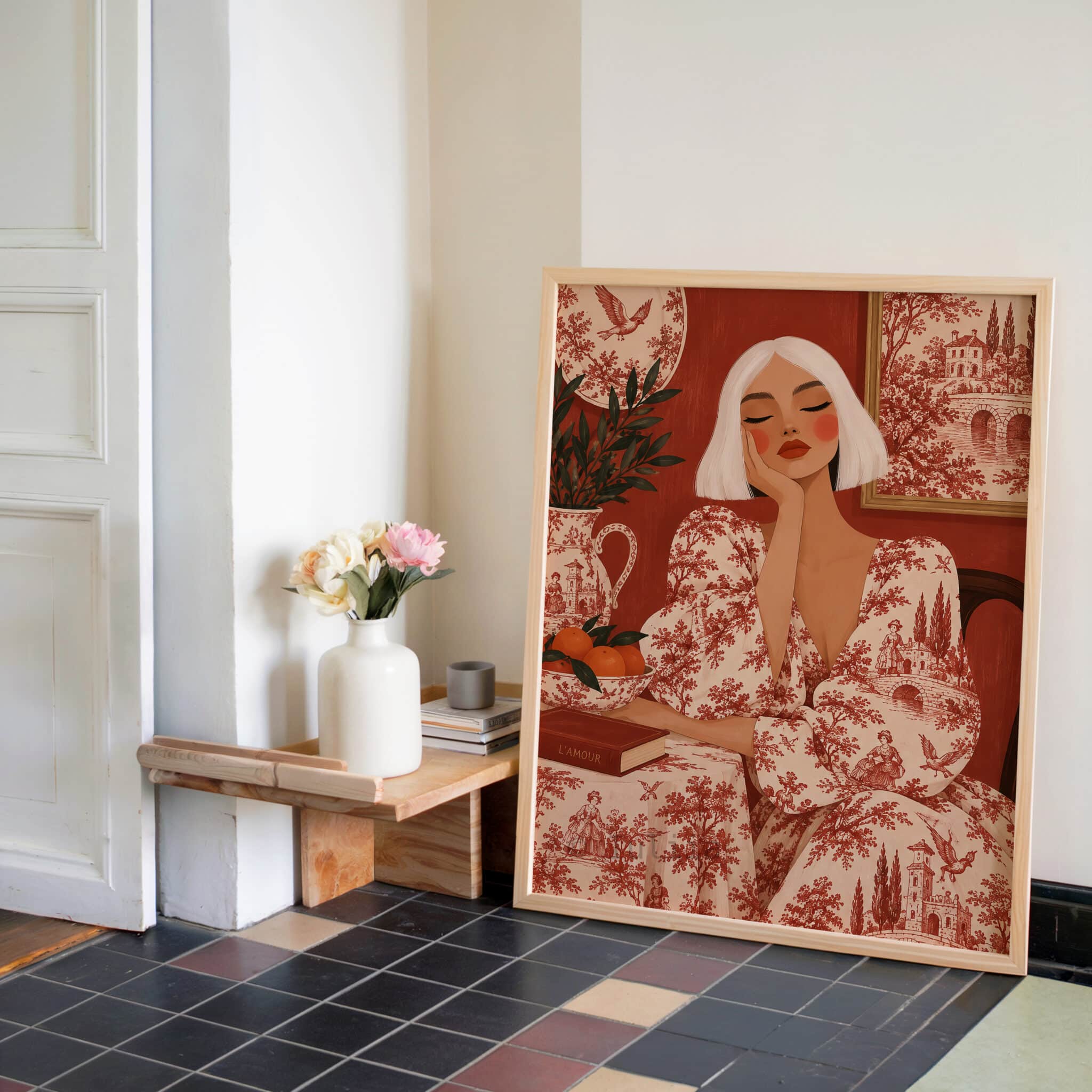 Red Toile Wall Art, French Country Woman Reading Portrait, Classic Pastoral Pattern, Vintage European Decor for Romantic Living Spaces - photo #2
