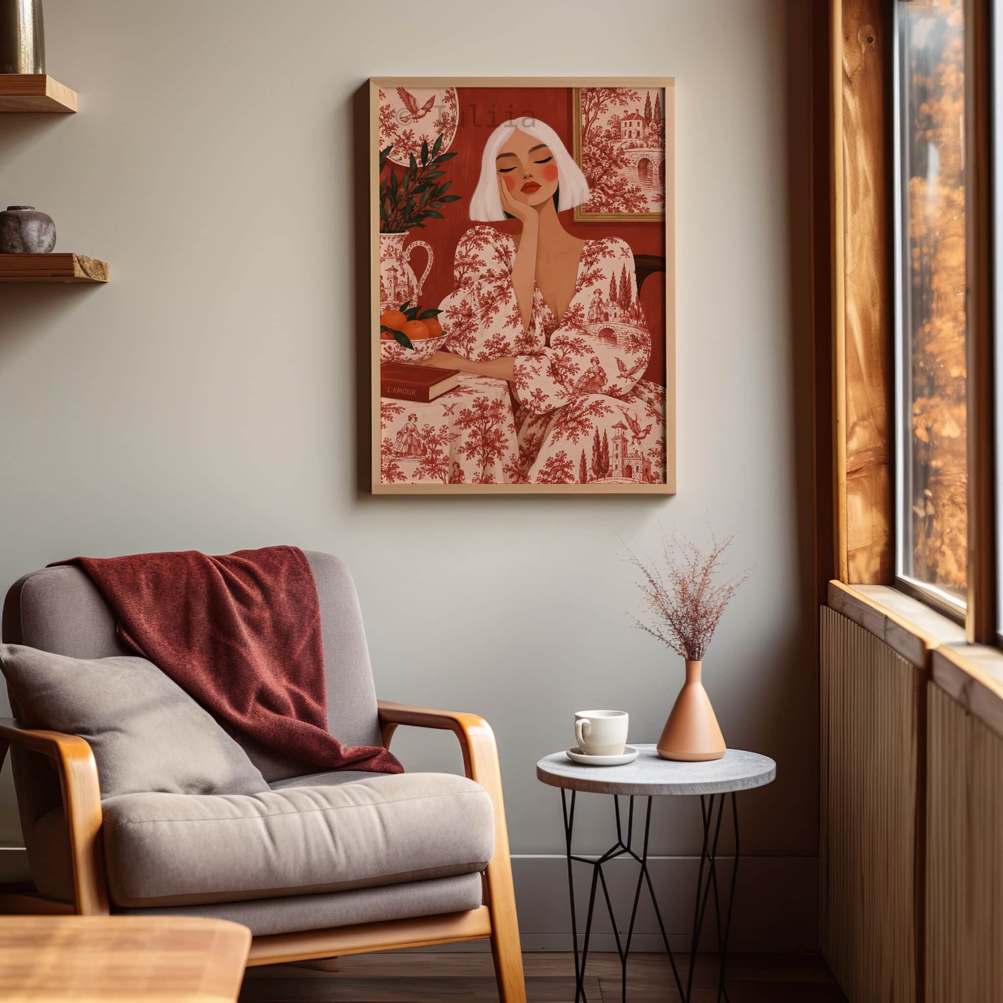 Red Toile Wall Art, French Country Woman Reading Portrait, Classic Pastoral Pattern, Vintage European Decor for Romantic Living Spaces - photo #6
