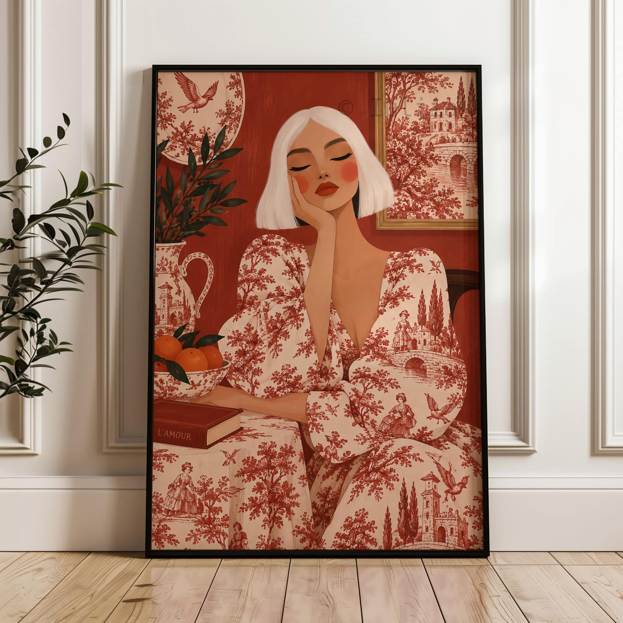 Red Toile Wall Art, French Country Woman Reading Portrait, Classic Pastoral Pattern, Vintage European Decor for Romantic Living Spaces - photo #3
