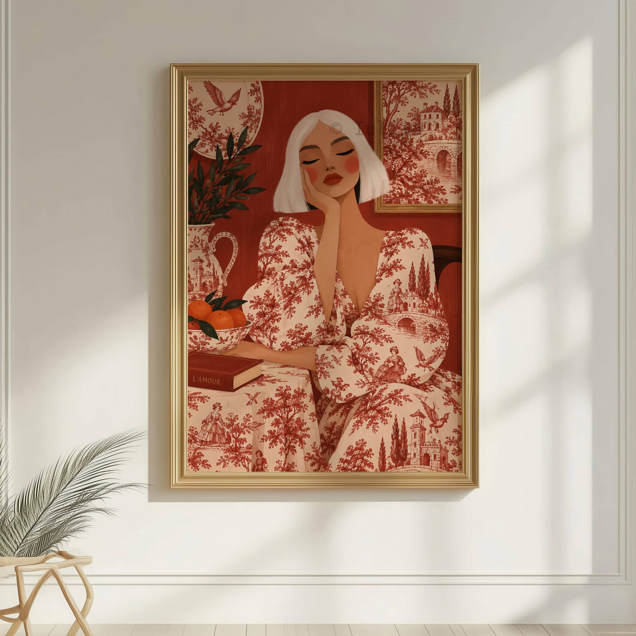 Red Toile Wall Art, French Country Woman Reading Portrait, Classic Pastoral Pattern, Vintage European Decor for Romantic Living Spaces - photo #7