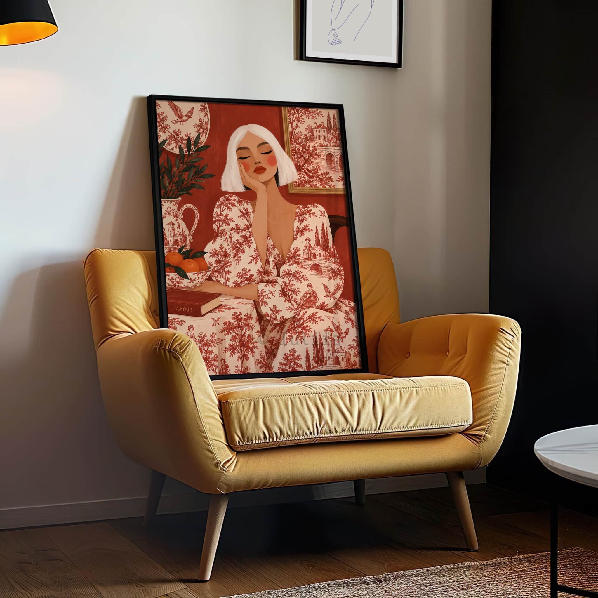 Red Toile Wall Art, French Country Woman Reading Portrait, Classic Pastoral Pattern, Vintage European Decor for Romantic Living Spaces - photo #11