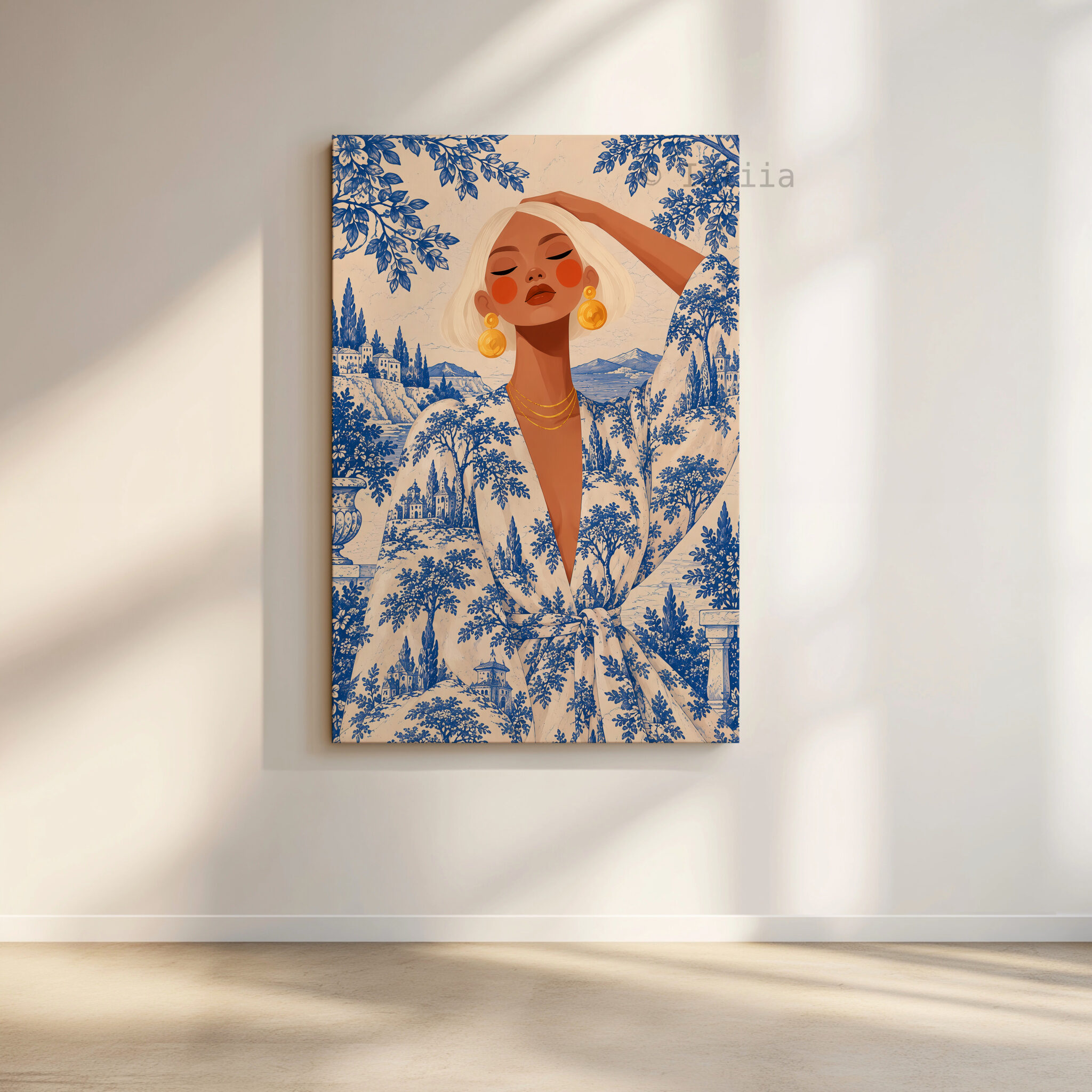 Blue Toile Art, Blonde Woman in Scenic Pattern Robe, Cobalt and Ivory French Country Portrait Canvas for Elegant Home Decor