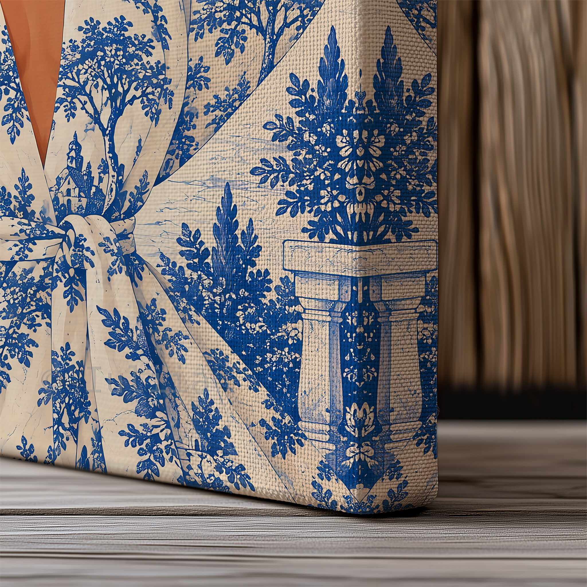 Blue Toile Art, Blonde Woman in Scenic Pattern Robe, Cobalt and Ivory French Country Portrait Canvas for Elegant Home Decor - photo #18