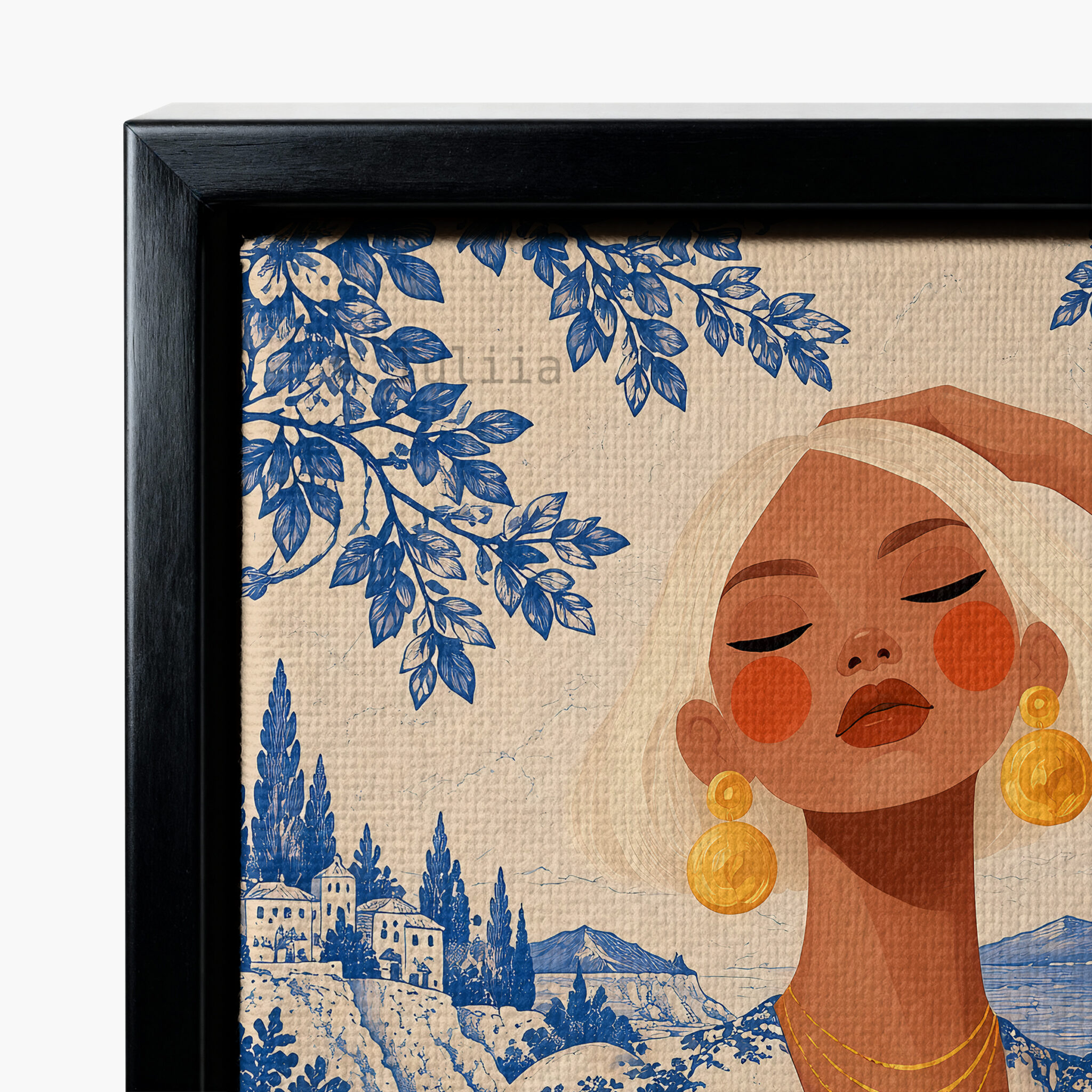 Blue Toile Art, Blonde Woman in Scenic Pattern Robe, Cobalt and Ivory French Country Portrait Canvas for Elegant Home Decor - photo #9