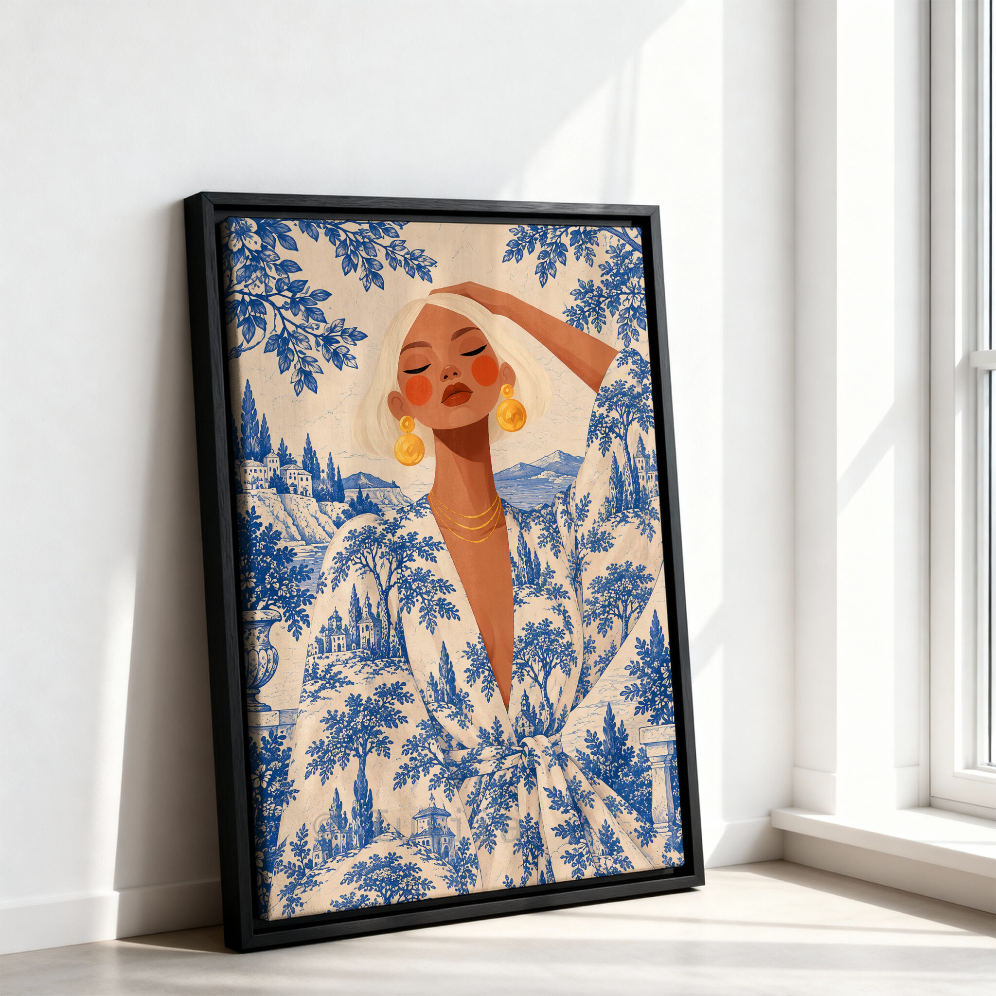 Blue Toile Art, Blonde Woman in Scenic Pattern Robe, Cobalt and Ivory French Country Portrait Canvas for Elegant Home Decor - photo #10