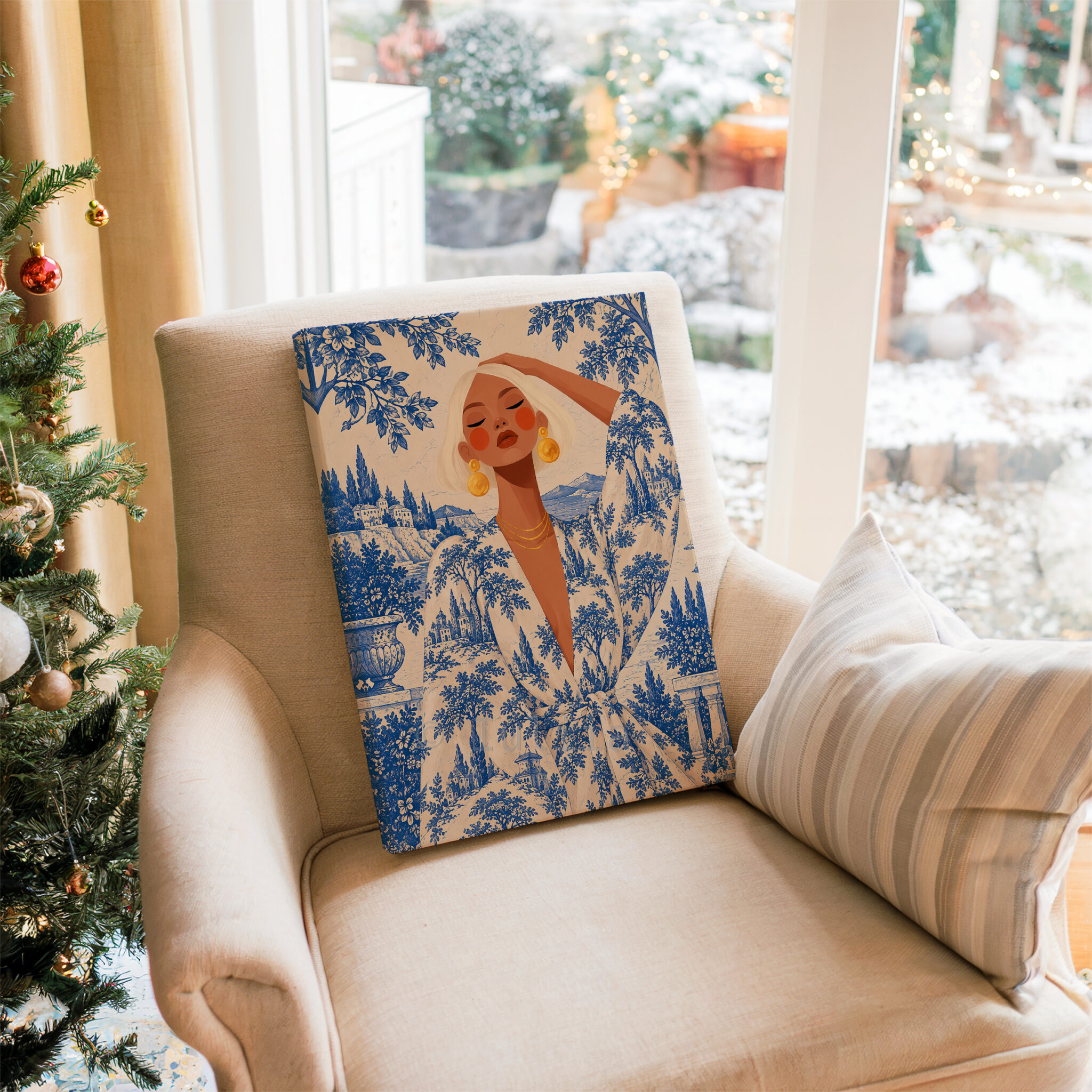 Blue Toile Art, Blonde Woman in Scenic Pattern Robe, Cobalt and Ivory French Country Portrait Canvas for Elegant Home Decor - photo #15