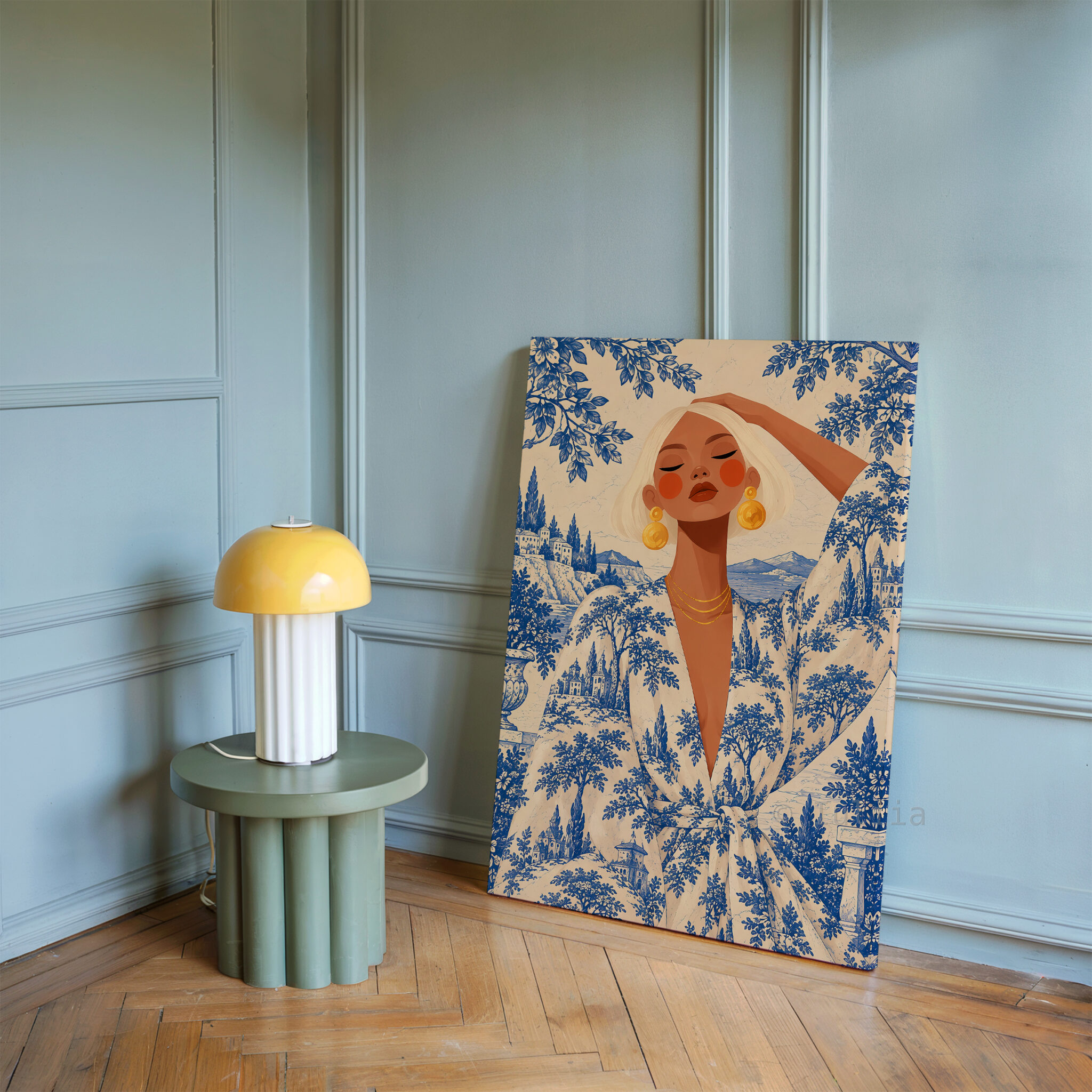 Blue Toile Art, Blonde Woman in Scenic Pattern Robe, Cobalt and Ivory French Country Portrait Canvas for Elegant Home Decor - photo #16