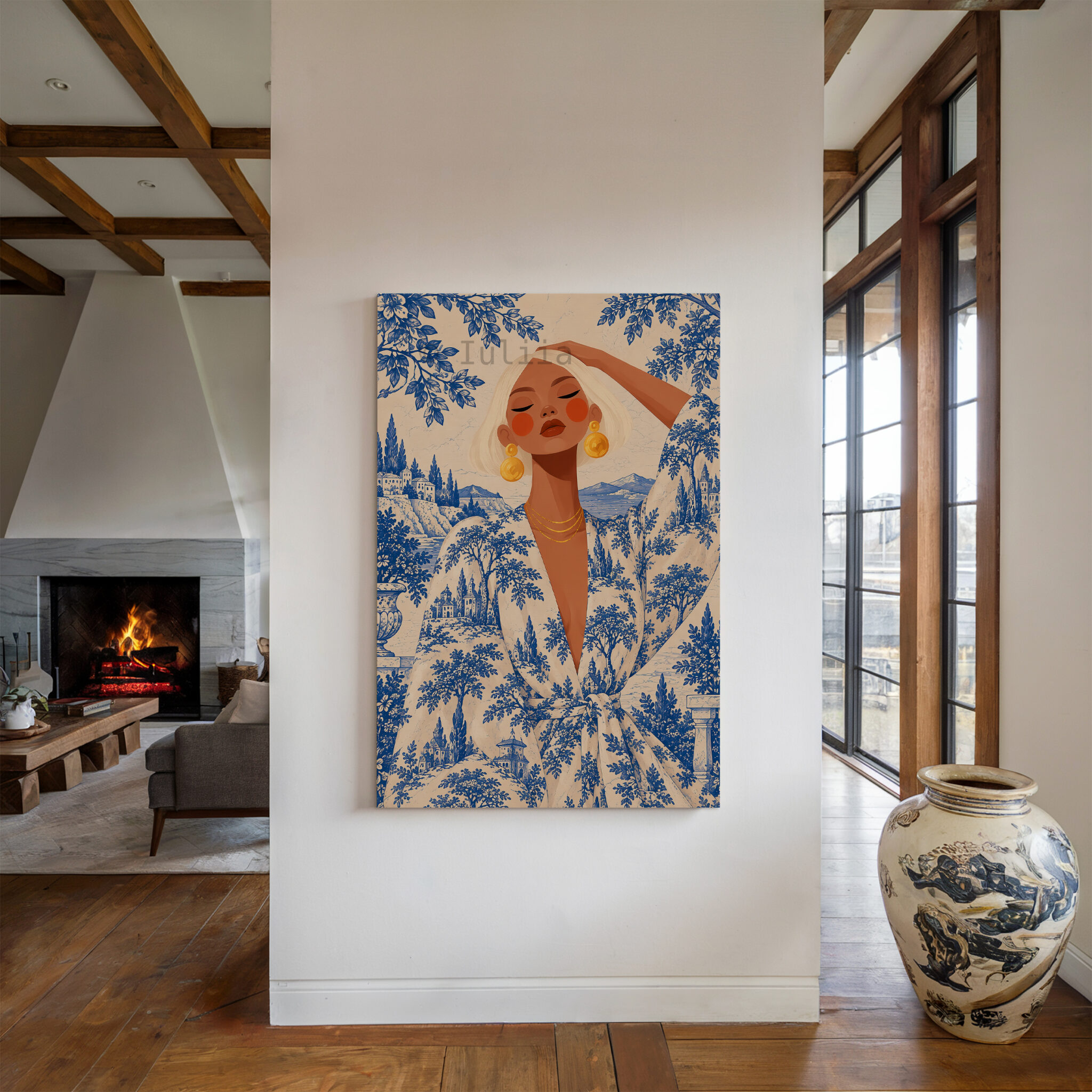 Blue Toile Art, Blonde Woman in Scenic Pattern Robe, Cobalt and Ivory French Country Portrait Canvas for Elegant Home Decor - photo #4