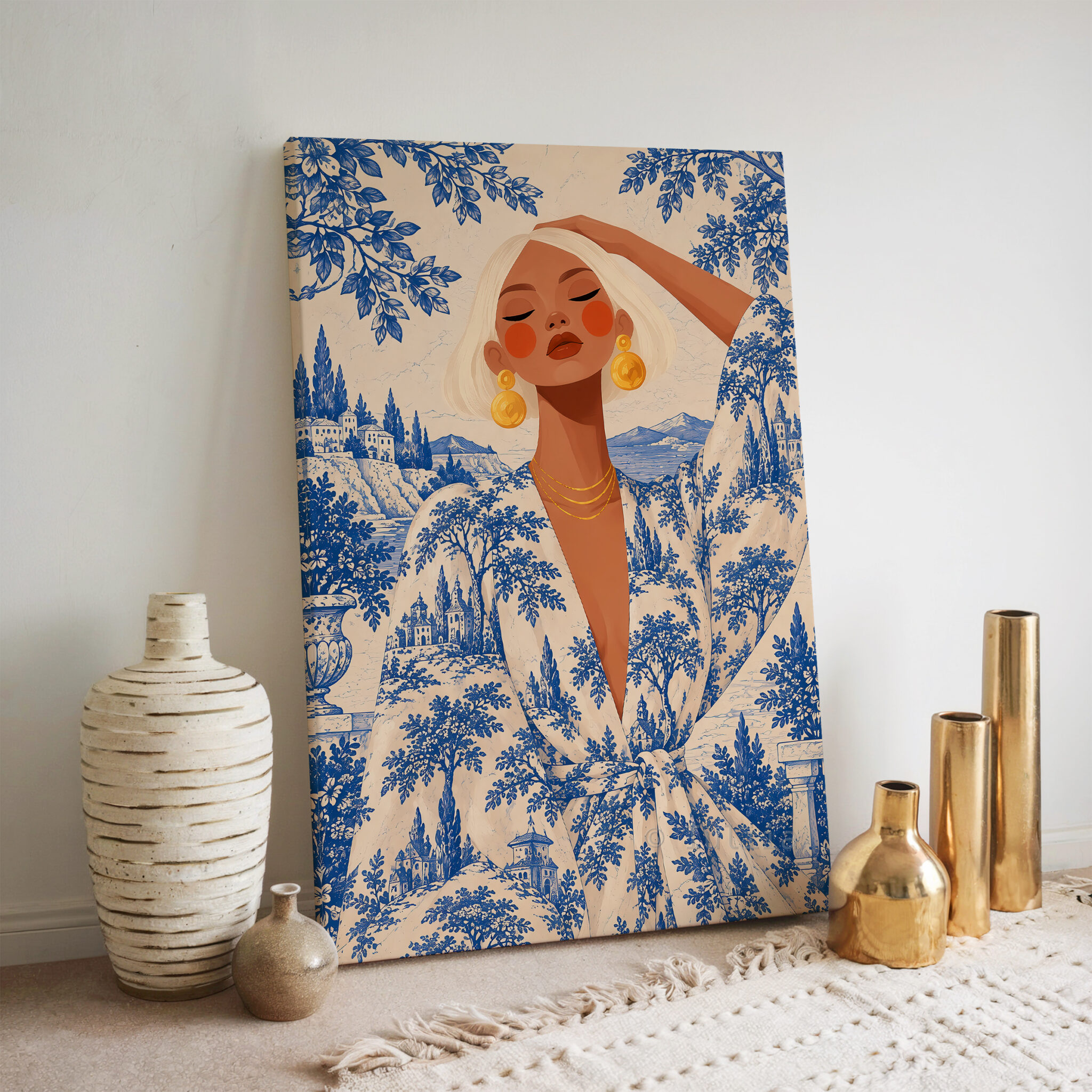 Blue Toile Art, Blonde Woman in Scenic Pattern Robe, Cobalt and Ivory French Country Portrait Canvas for Elegant Home Decor - photo #6