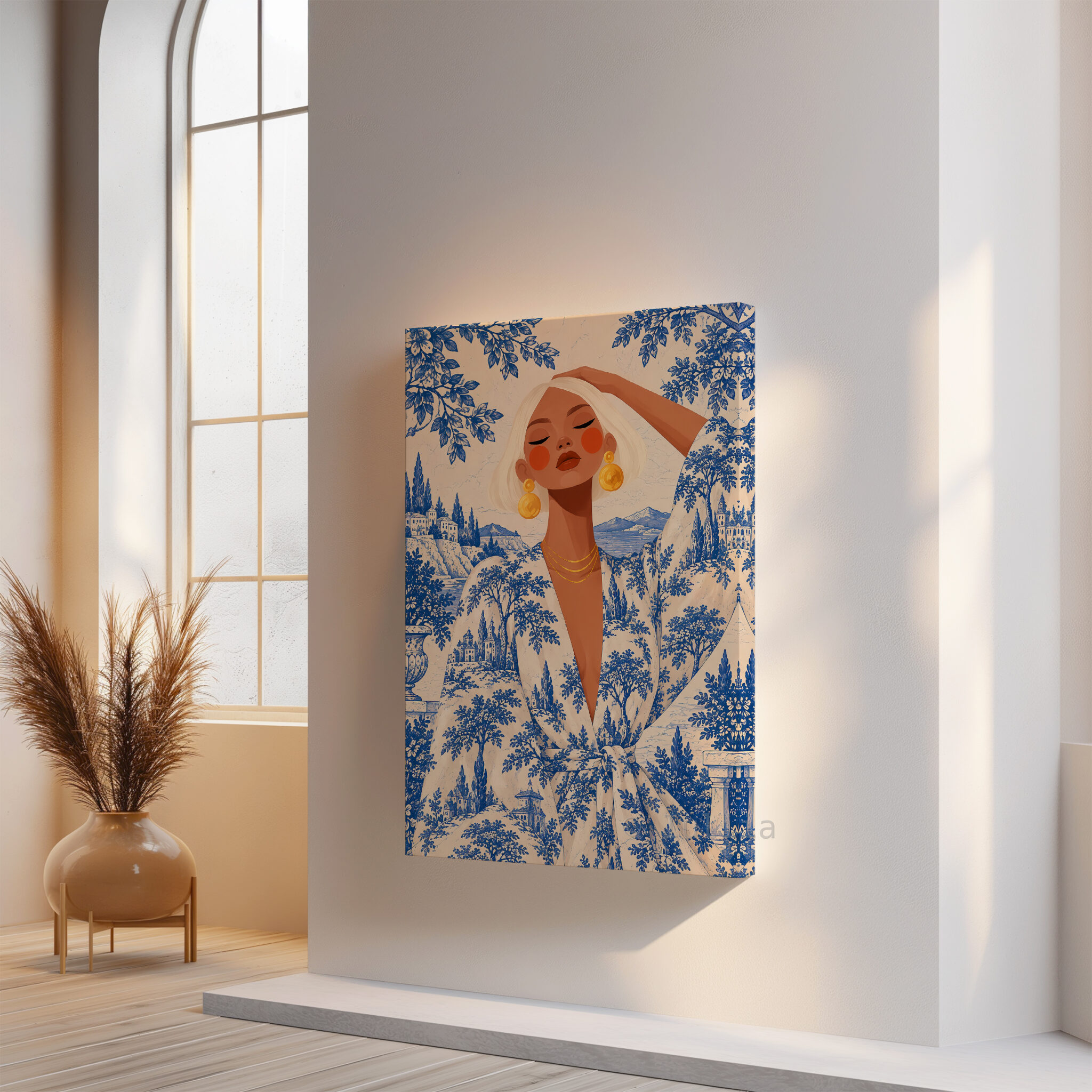 Blue Toile Art, Blonde Woman in Scenic Pattern Robe, Cobalt and Ivory French Country Portrait Canvas for Elegant Home Decor - photo #14