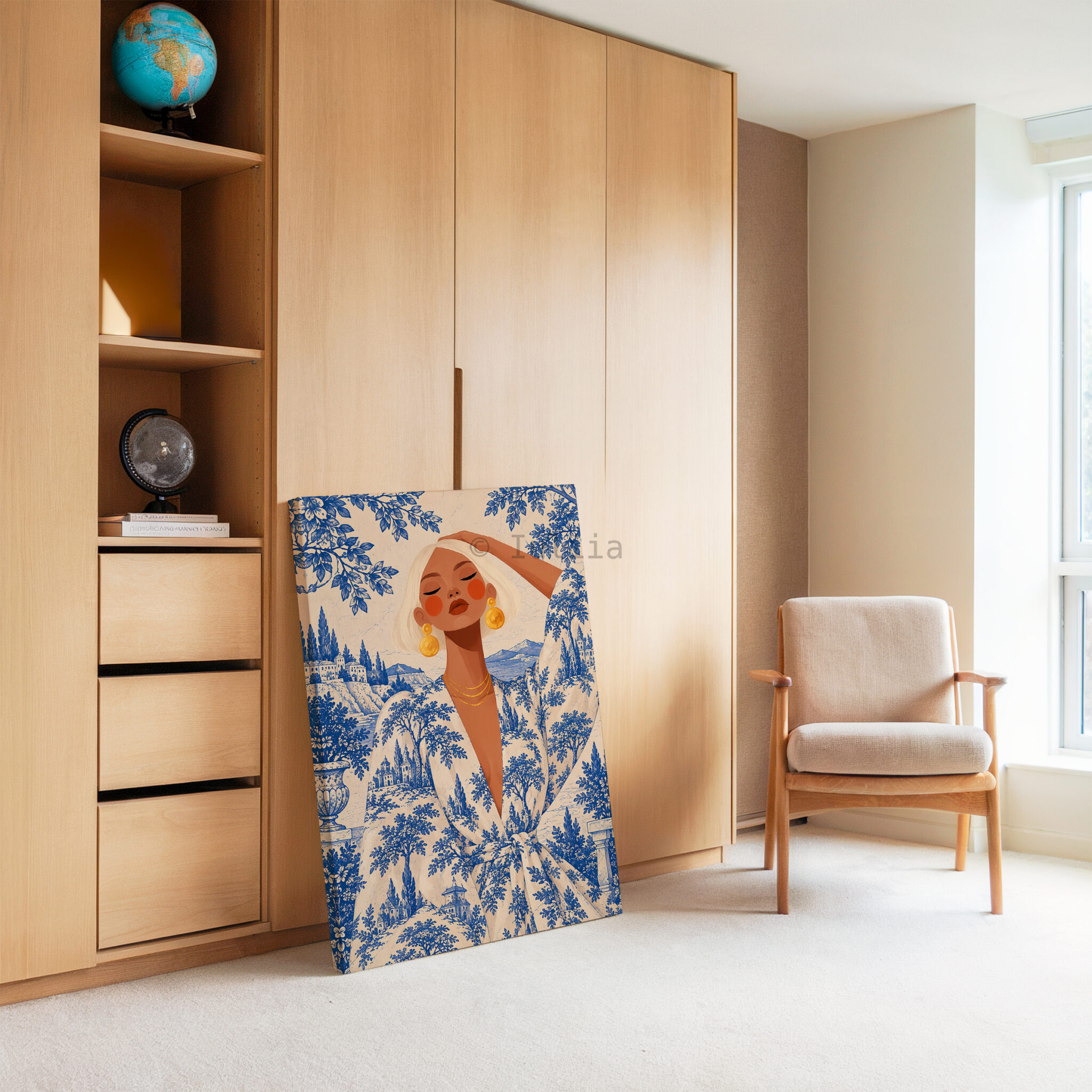 Blue Toile Art, Blonde Woman in Scenic Pattern Robe, Cobalt and Ivory French Country Portrait Canvas for Elegant Home Decor - photo #3