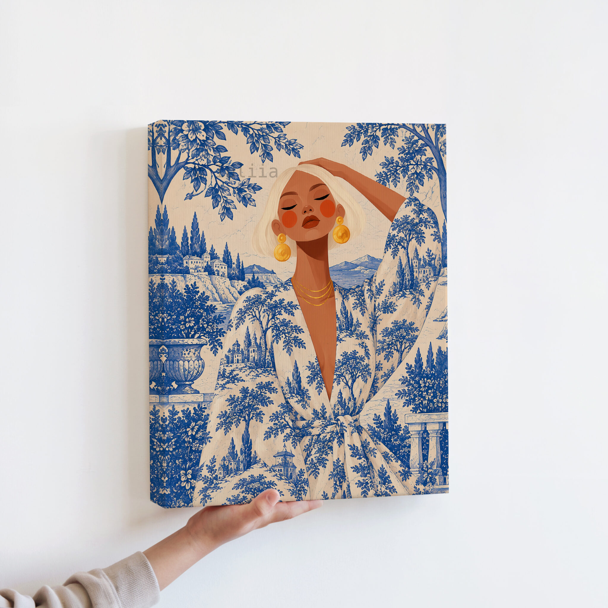 Blue Toile Art, Blonde Woman in Scenic Pattern Robe, Cobalt and Ivory French Country Portrait Canvas for Elegant Home Decor - photo #12