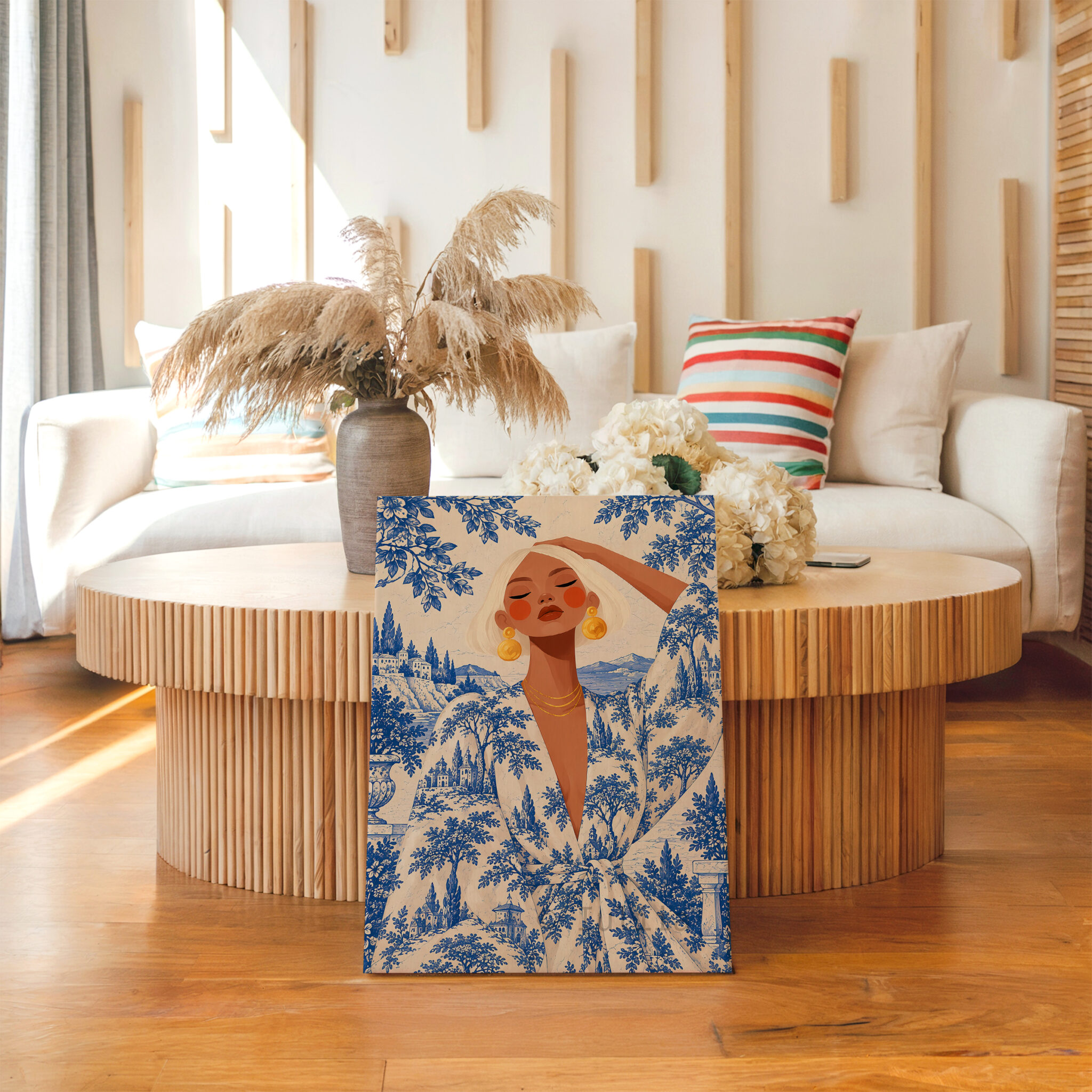 Blue Toile Art, Blonde Woman in Scenic Pattern Robe, Cobalt and Ivory French Country Portrait Canvas for Elegant Home Decor - photo #13