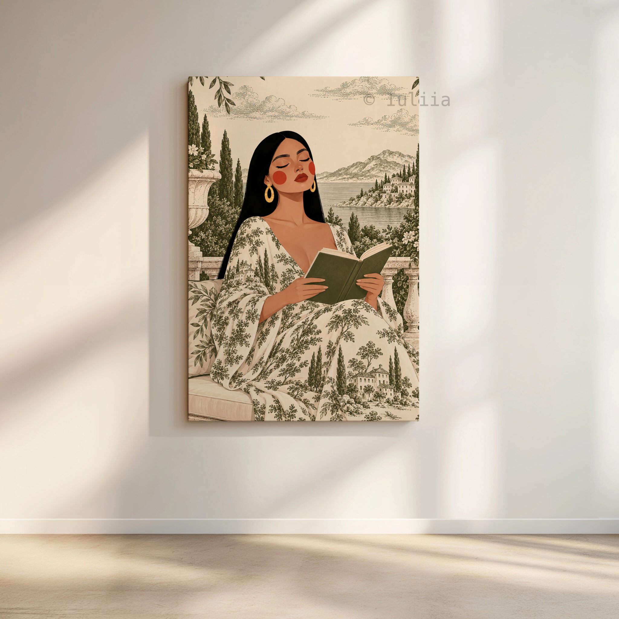 Toile Canvas, Woman Reading in an Olive Scenic Dress, European Countryside Artwork, Classic Decorative Portrait for a Cozy Reading Nook
