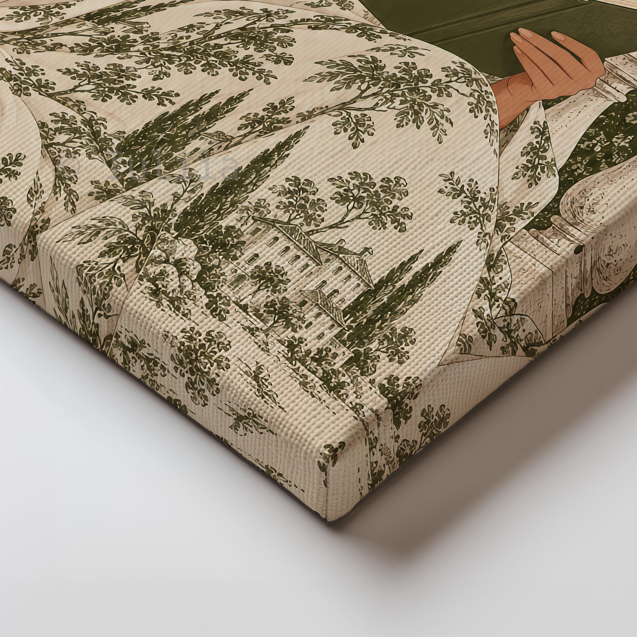 Toile Canvas, Woman Reading in an Olive Scenic Dress, European Countryside Artwork, Classic Decorative Portrait for a Cozy Reading Nook - photo #1