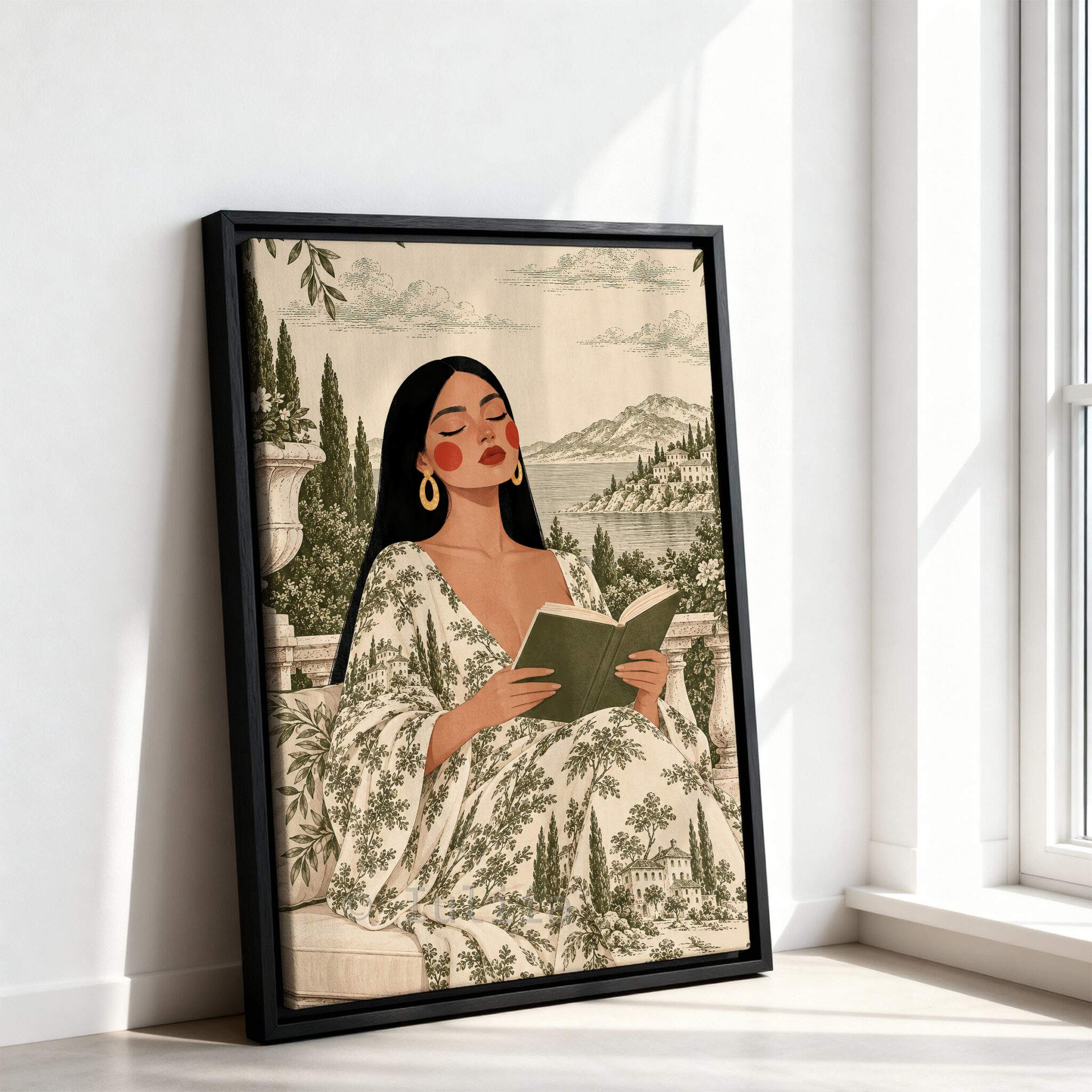 Toile Canvas, Woman Reading in an Olive Scenic Dress, European Countryside Artwork, Classic Decorative Portrait for a Cozy Reading Nook - photo #10