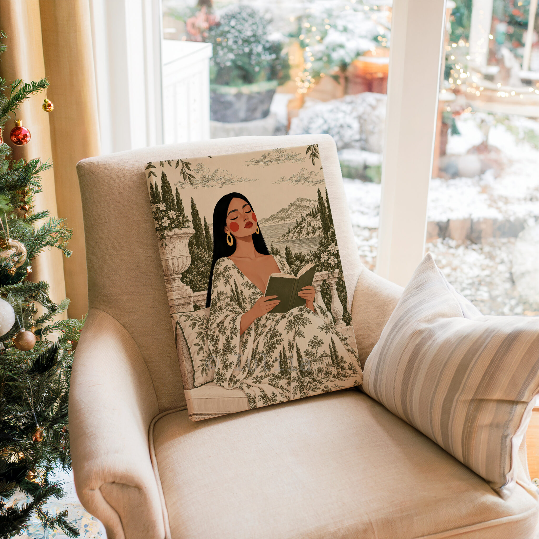 Toile Canvas, Woman Reading in an Olive Scenic Dress, European Countryside Artwork, Classic Decorative Portrait for a Cozy Reading Nook - photo #15