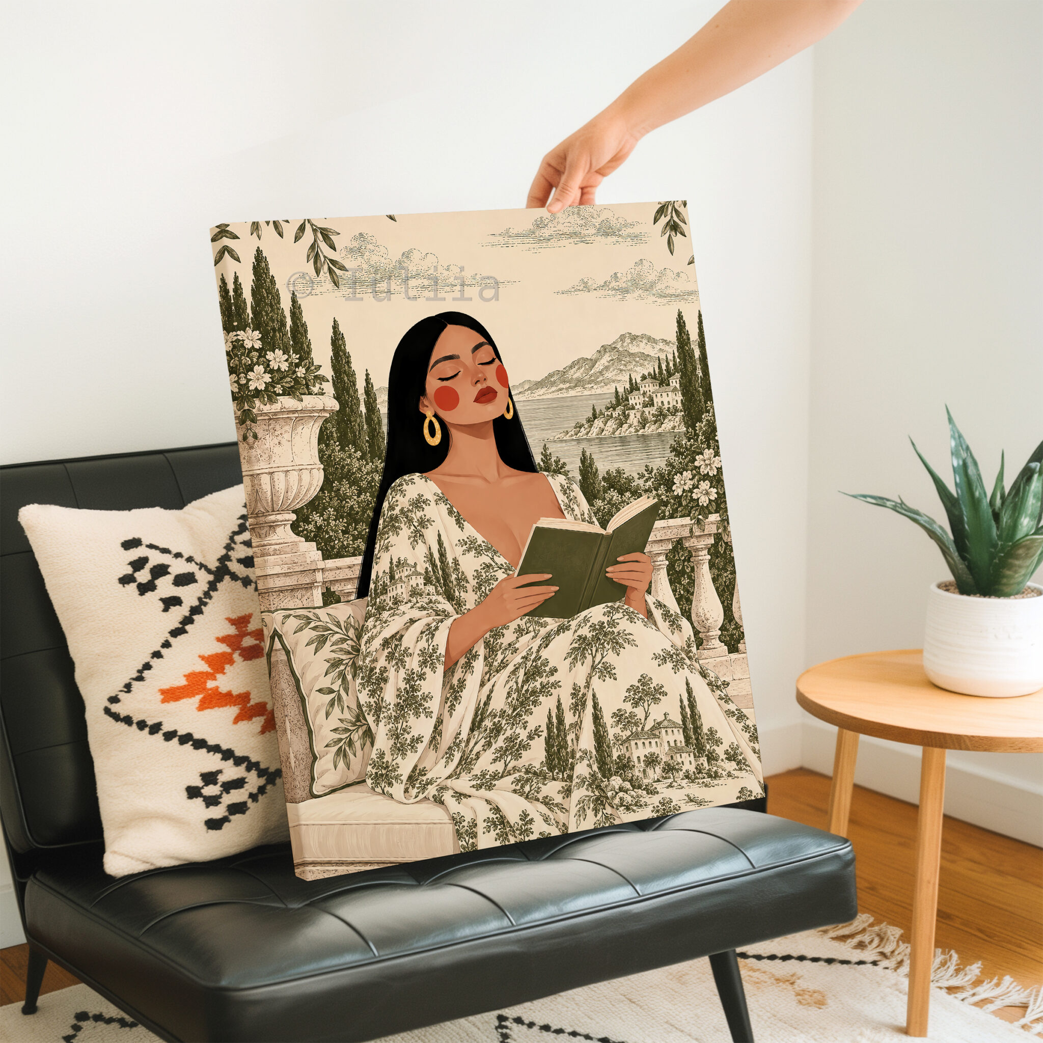 Toile Canvas, Woman Reading in an Olive Scenic Dress, European Countryside Artwork, Classic Decorative Portrait for a Cozy Reading Nook - photo #2