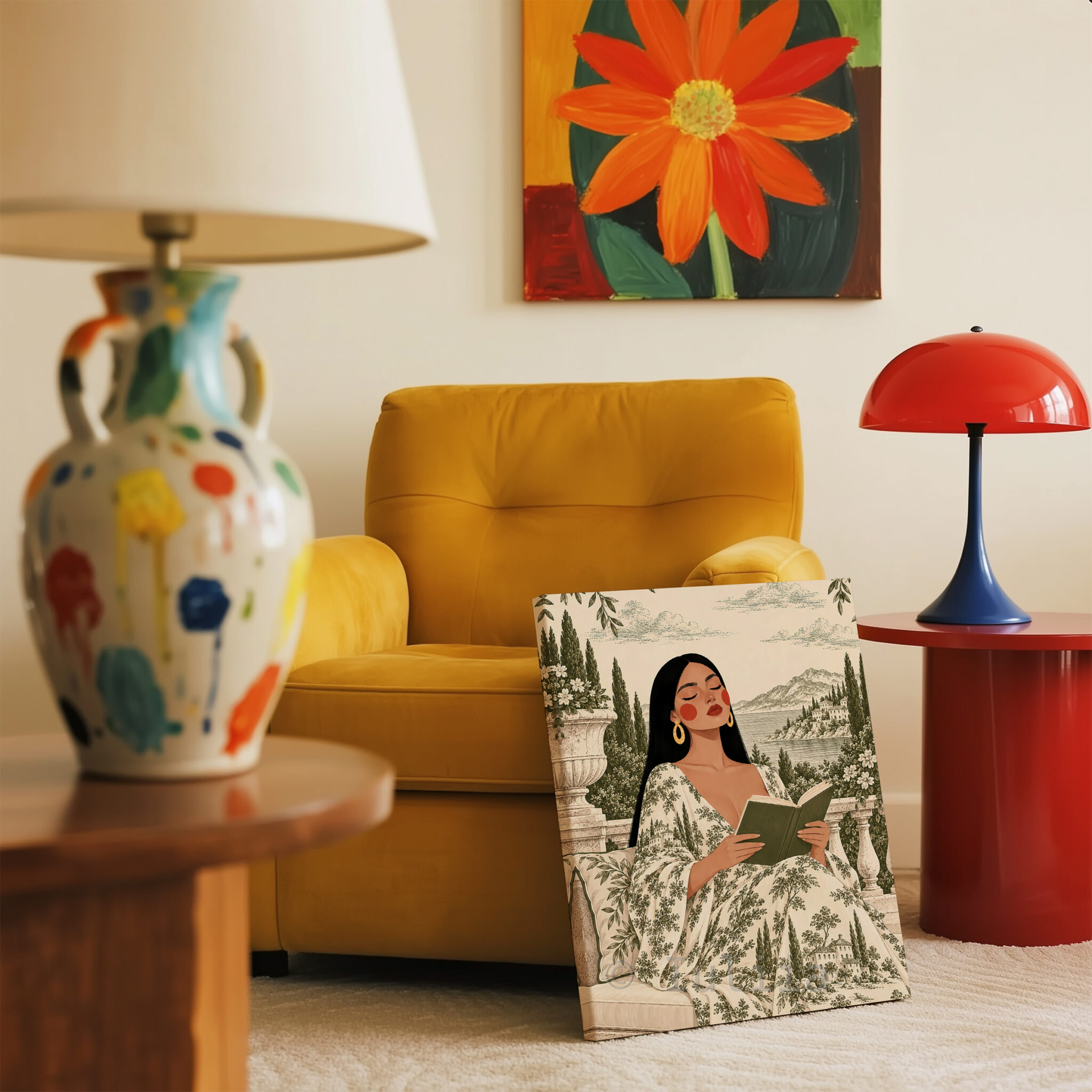 Toile Canvas, Woman Reading in an Olive Scenic Dress, European Countryside Artwork, Classic Decorative Portrait for a Cozy Reading Nook - photo #11