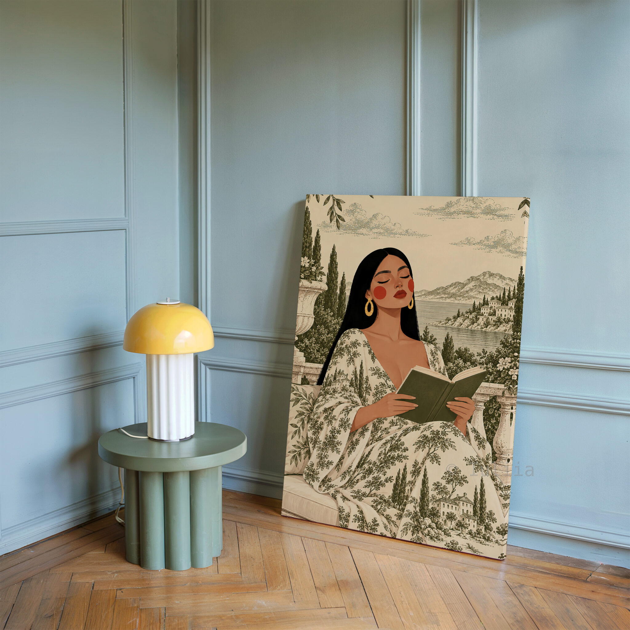 Toile Canvas, Woman Reading in an Olive Scenic Dress, European Countryside Artwork, Classic Decorative Portrait for a Cozy Reading Nook - photo #17