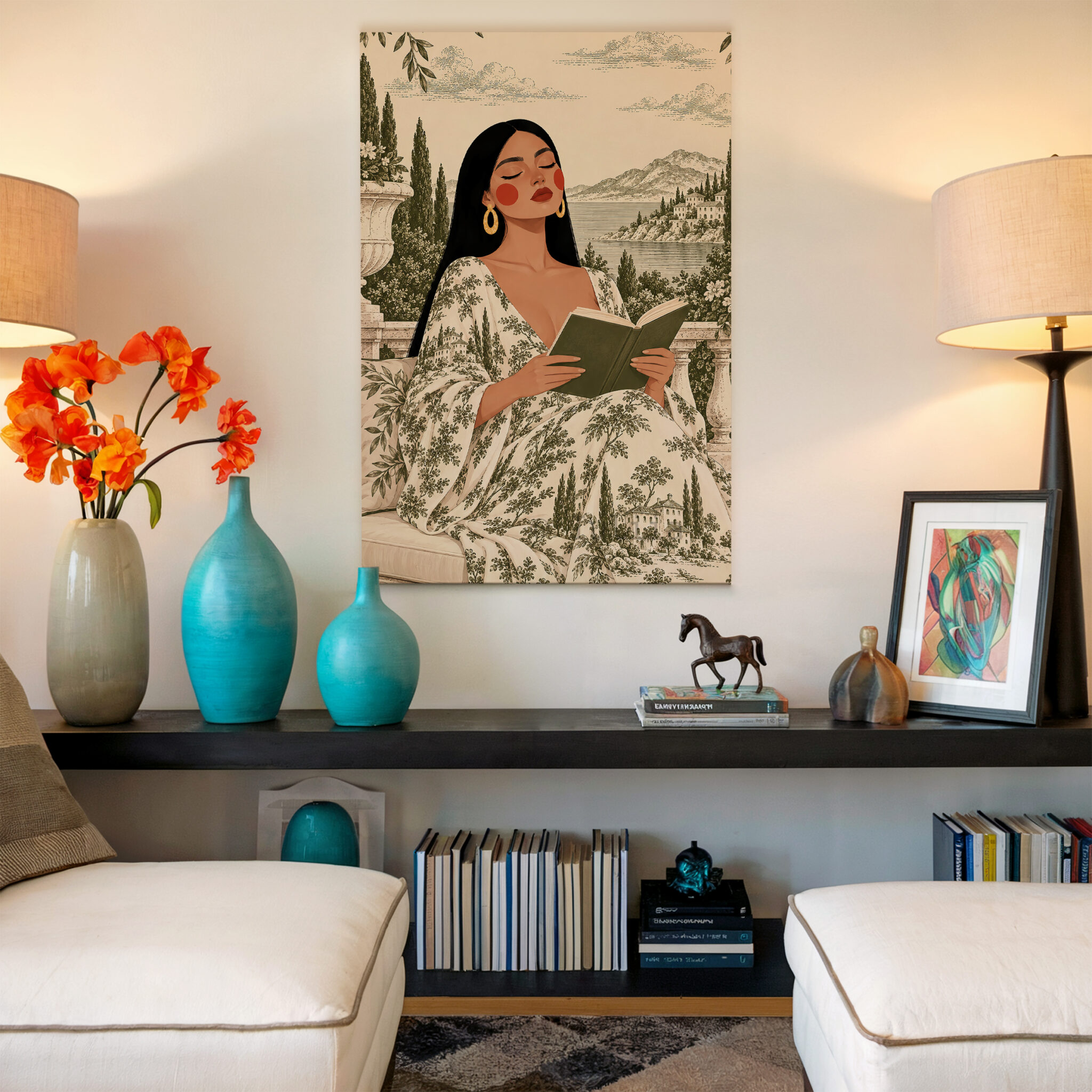 Toile Canvas, Woman Reading in an Olive Scenic Dress, European Countryside Artwork, Classic Decorative Portrait for a Cozy Reading Nook - photo #16