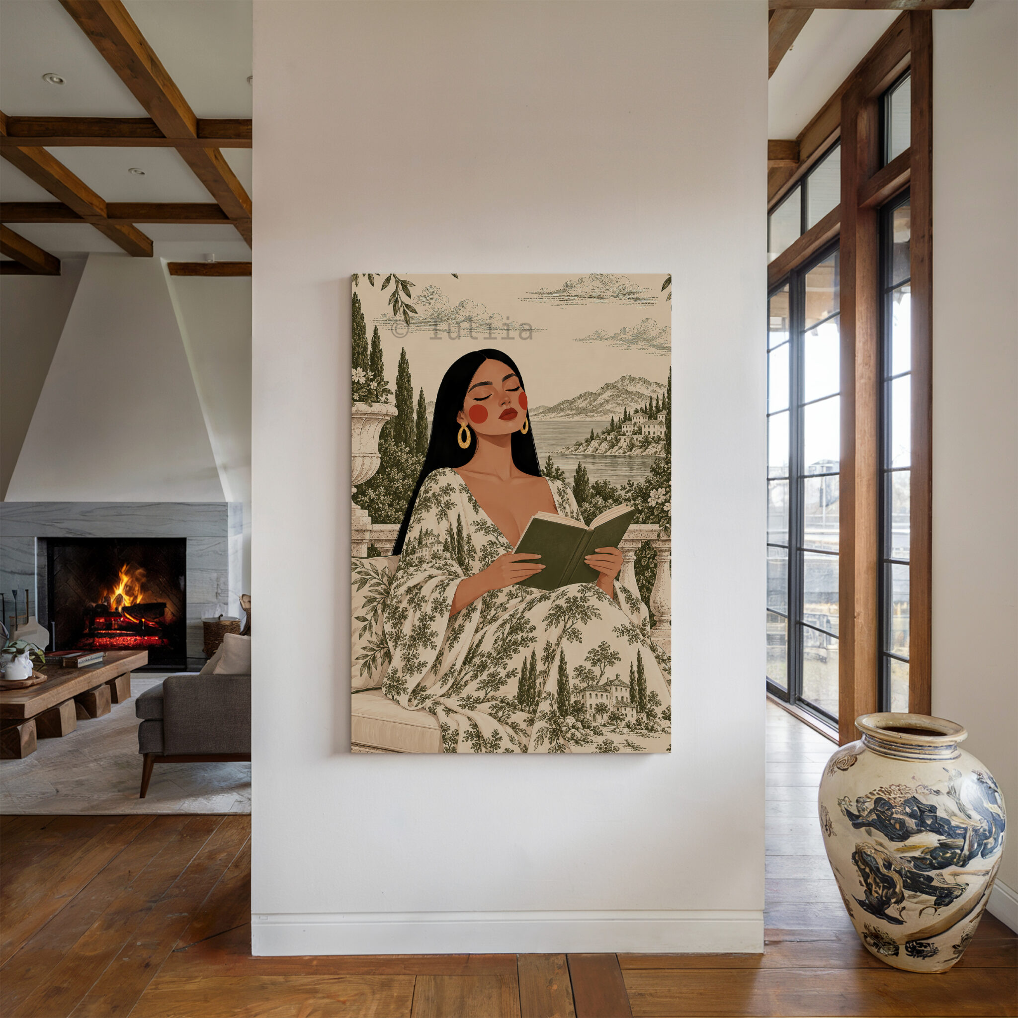 Toile Canvas, Woman Reading in an Olive Scenic Dress, European Countryside Artwork, Classic Decorative Portrait for a Cozy Reading Nook - photo #4