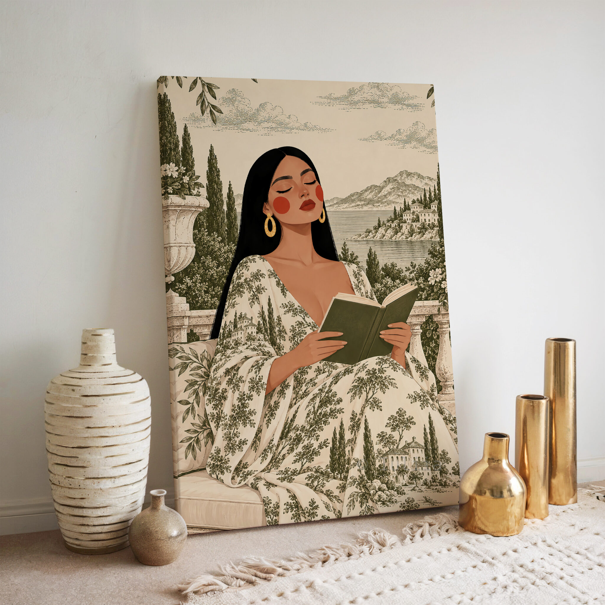 Toile Canvas, Woman Reading in an Olive Scenic Dress, European Countryside Artwork, Classic Decorative Portrait for a Cozy Reading Nook - photo #6