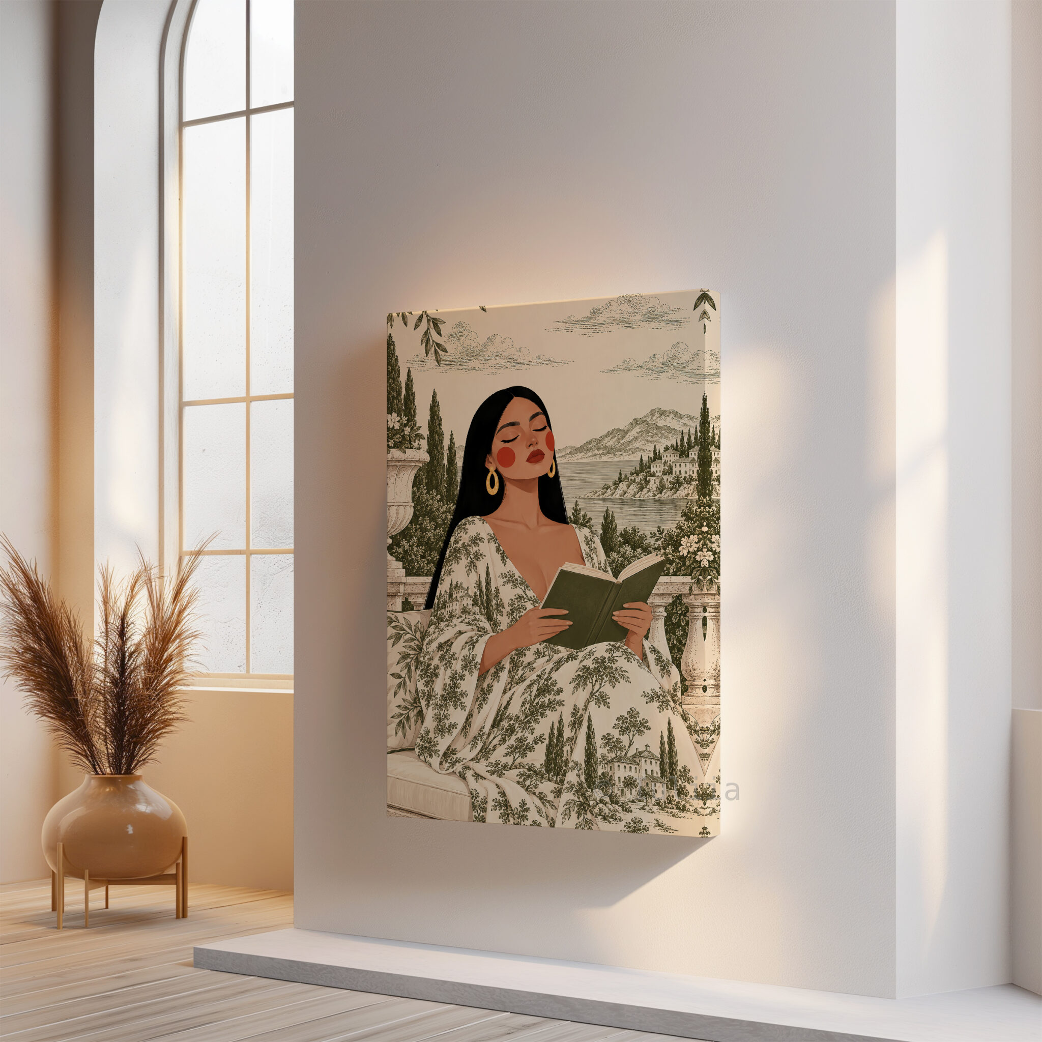 Toile Canvas, Woman Reading in an Olive Scenic Dress, European Countryside Artwork, Classic Decorative Portrait for a Cozy Reading Nook - photo #14