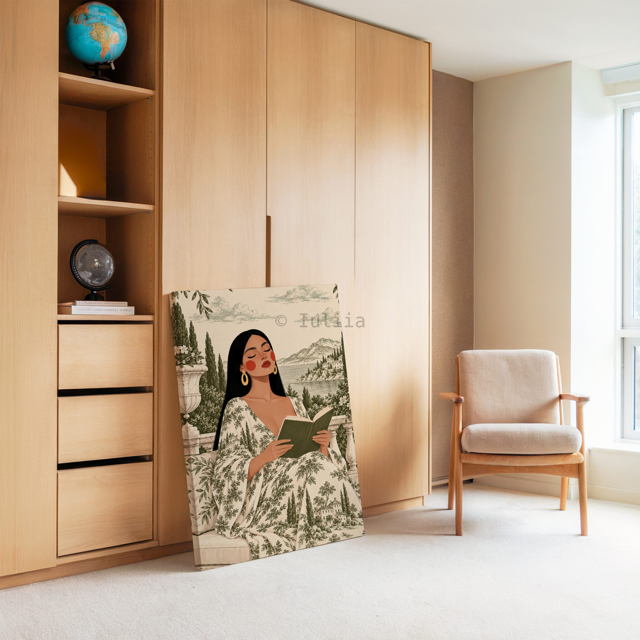 Toile Canvas, Woman Reading in an Olive Scenic Dress, European Countryside Artwork, Classic Decorative Portrait for a Cozy Reading Nook - photo #3