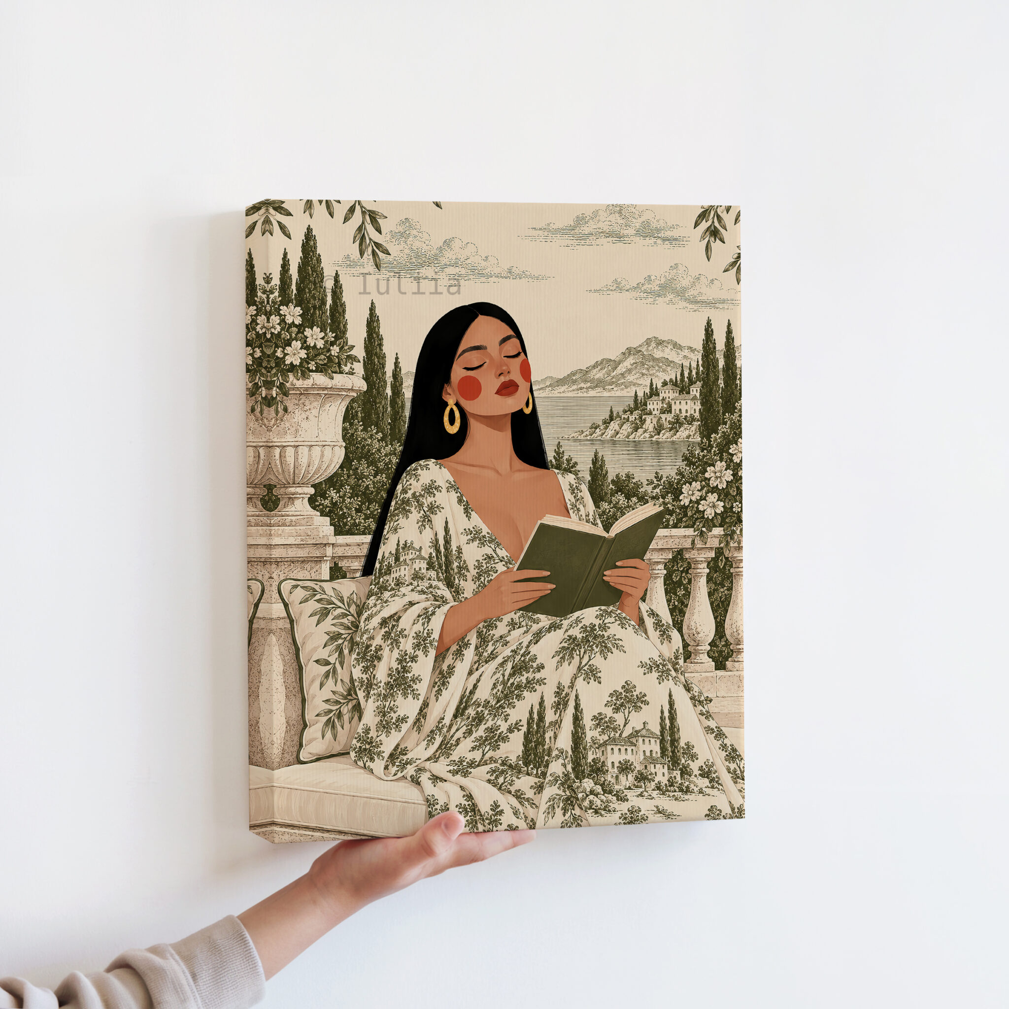 Toile Canvas, Woman Reading in an Olive Scenic Dress, European Countryside Artwork, Classic Decorative Portrait for a Cozy Reading Nook - photo #12