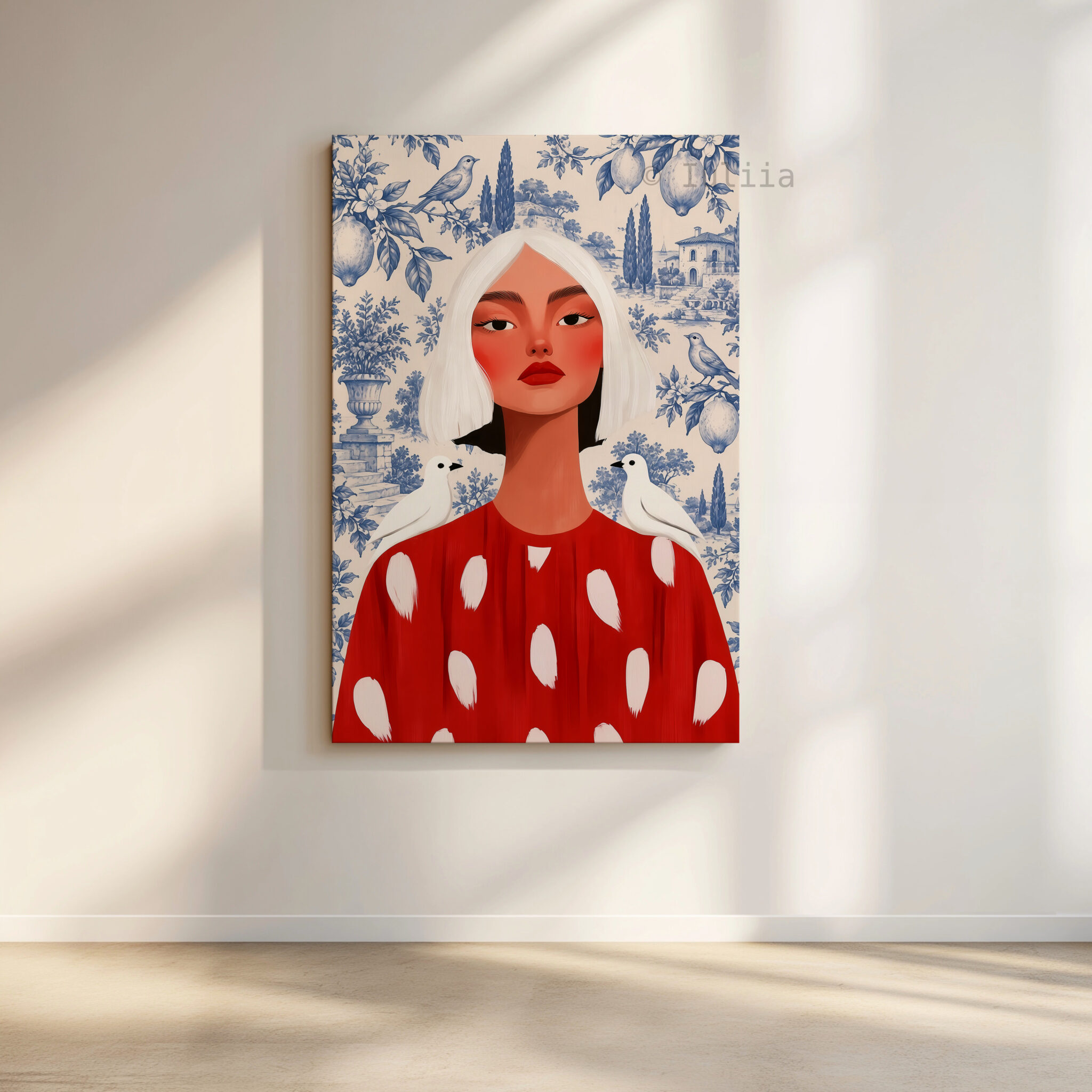 Blue Toile Art, White-Haired Woman in Red Dress, Decorative Birds and Lemon Pattern, Classic European Statement Artwork for Elegant Interiors