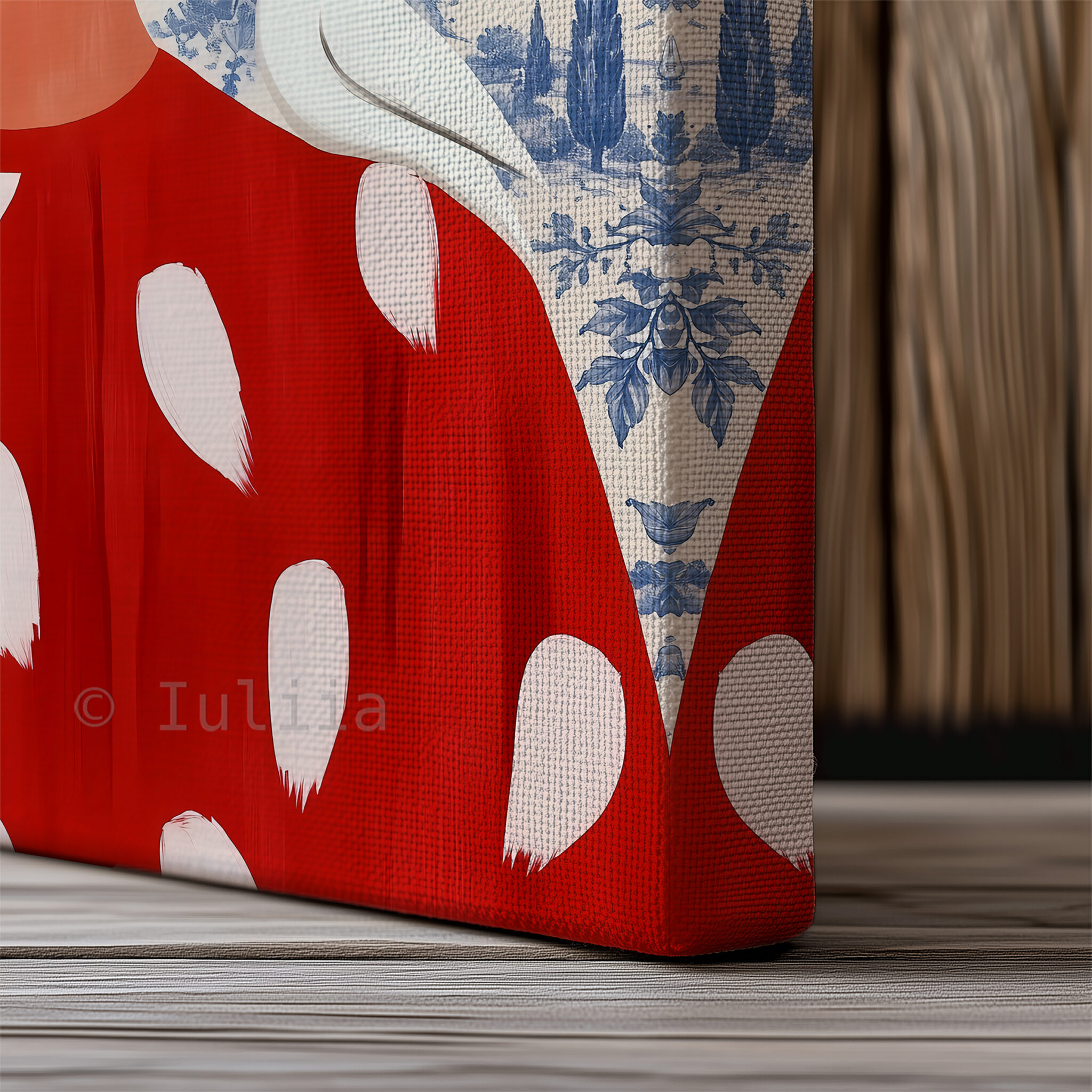 Blue Toile Art, White-Haired Woman in Red Dress, Decorative Birds and Lemon Pattern, Classic European Statement Artwork for Elegant Interiors - photo #18