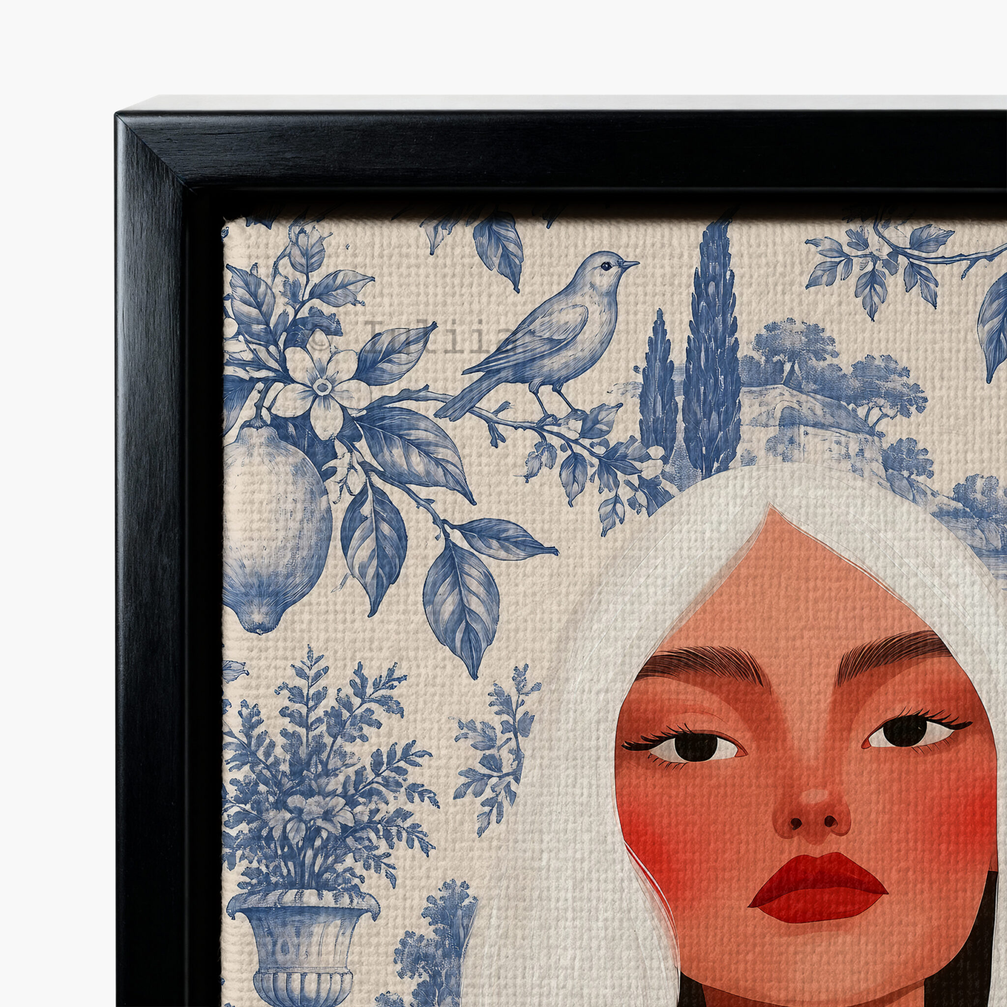 Blue Toile Art, White-Haired Woman in Red Dress, Decorative Birds and Lemon Pattern, Classic European Statement Artwork for Elegant Interiors - photo #9