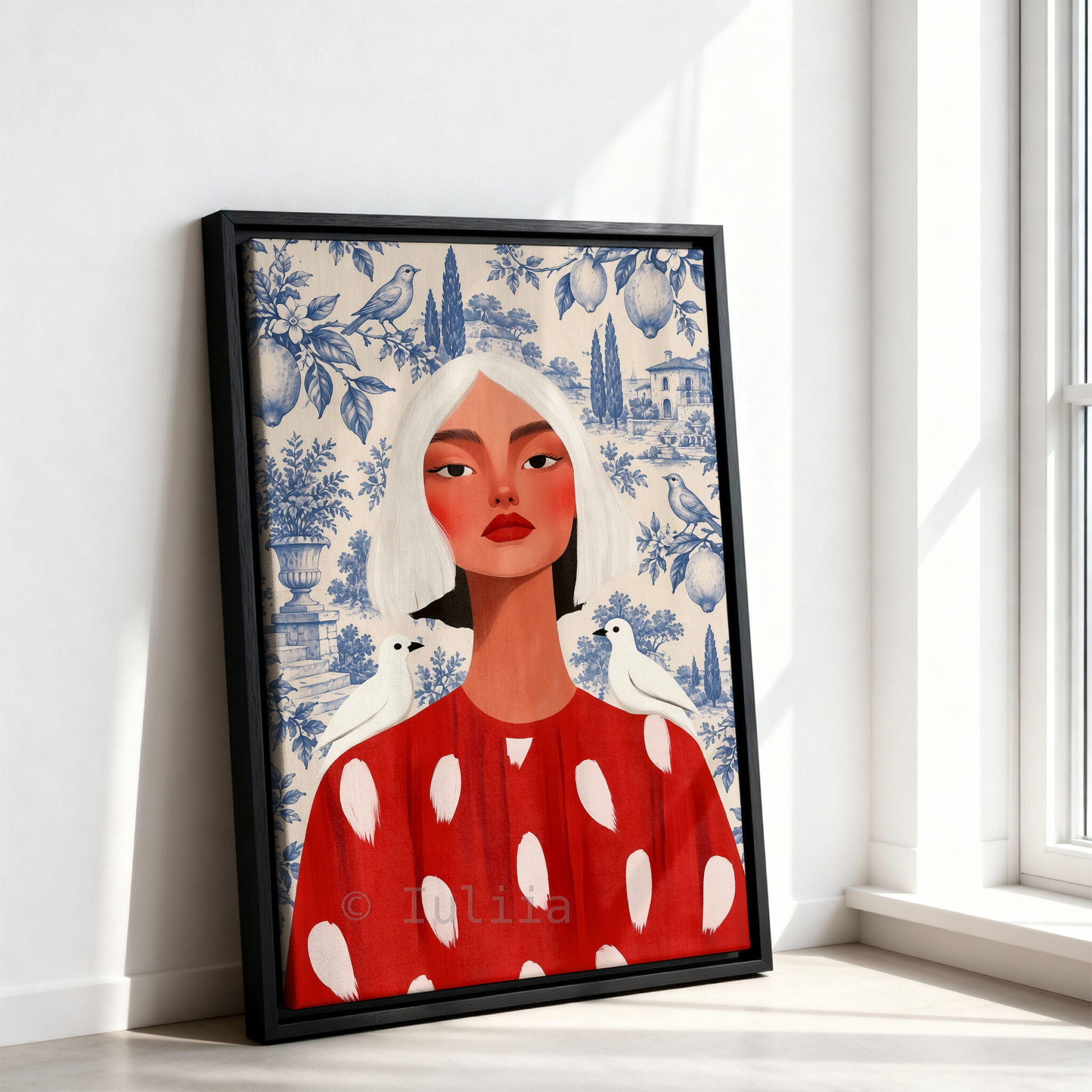 Blue Toile Art, White-Haired Woman in Red Dress, Decorative Birds and Lemon Pattern, Classic European Statement Artwork for Elegant Interiors - photo #10