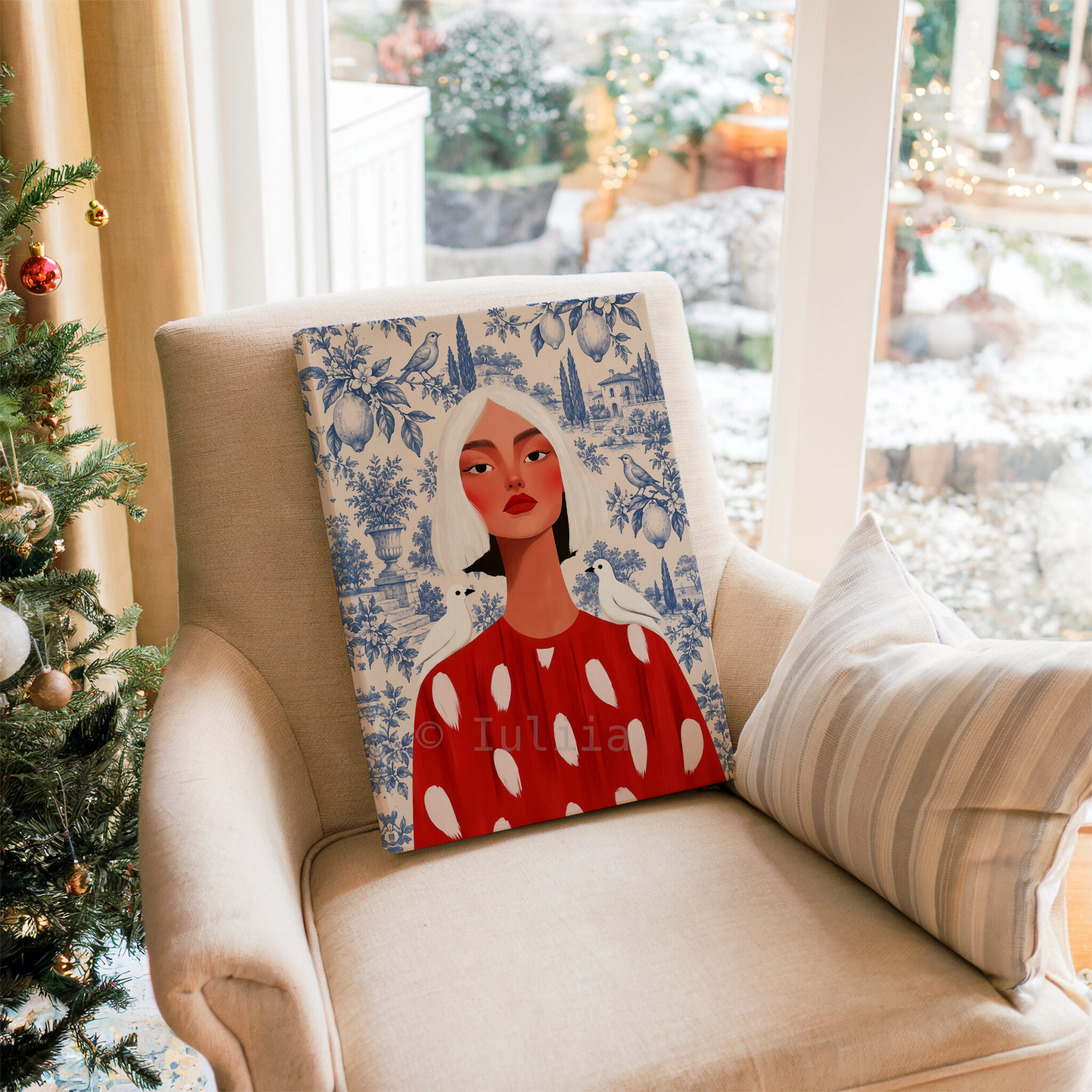 Blue Toile Art, White-Haired Woman in Red Dress, Decorative Birds and Lemon Pattern, Classic European Statement Artwork for Elegant Interiors - photo #15