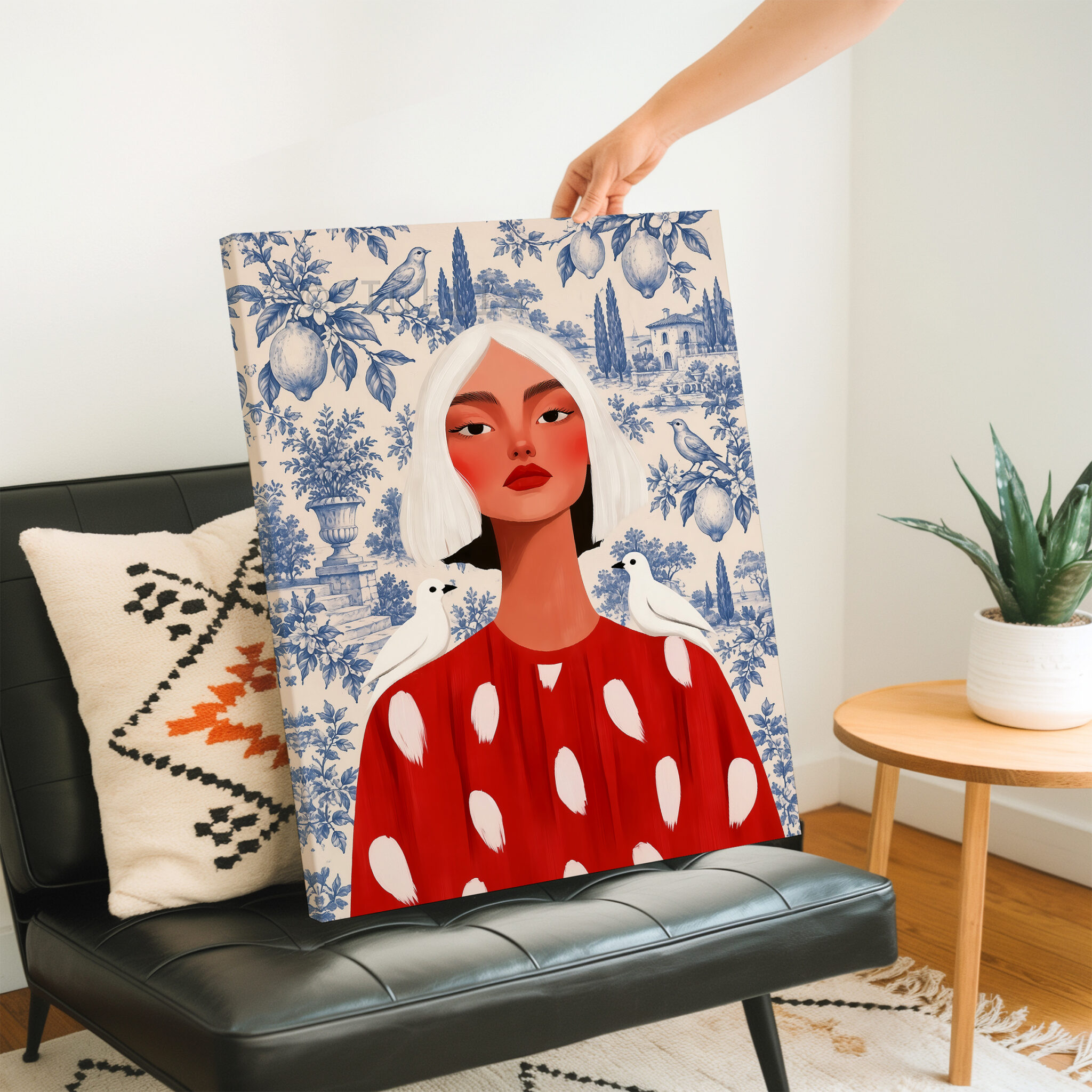 Blue Toile Art, White-Haired Woman in Red Dress, Decorative Birds and Lemon Pattern, Classic European Statement Artwork for Elegant Interiors - photo #2