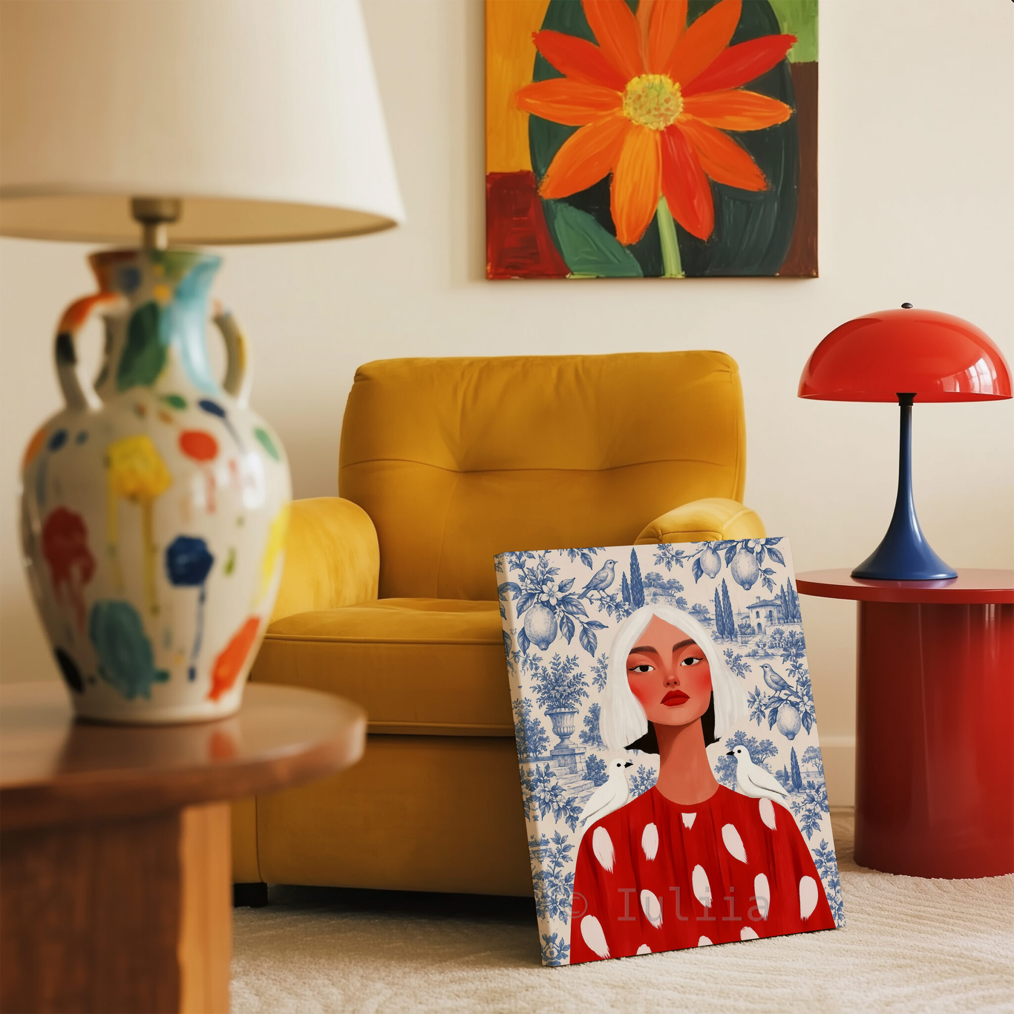 Blue Toile Art, White-Haired Woman in Red Dress, Decorative Birds and Lemon Pattern, Classic European Statement Artwork for Elegant Interiors - photo #11