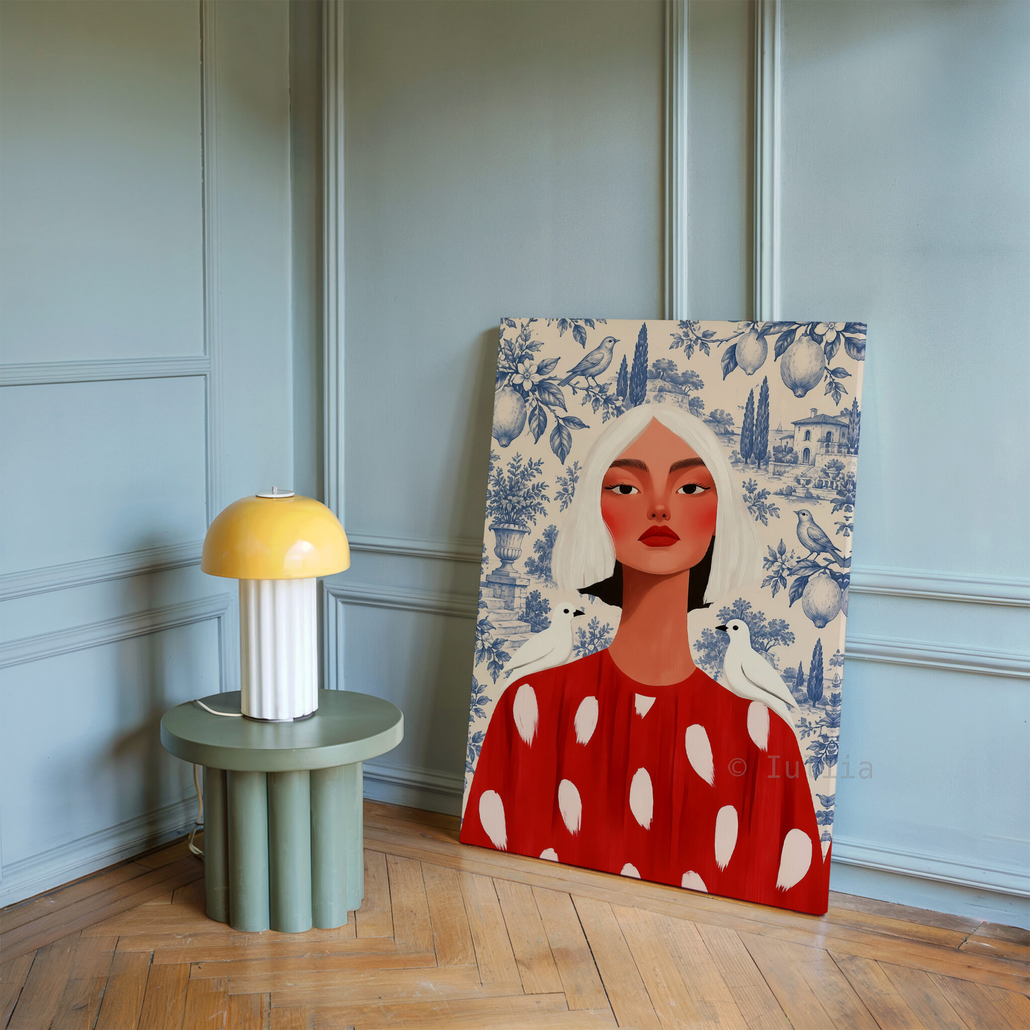 Blue Toile Art, White-Haired Woman in Red Dress, Decorative Birds and Lemon Pattern, Classic European Statement Artwork for Elegant Interiors - photo #17
