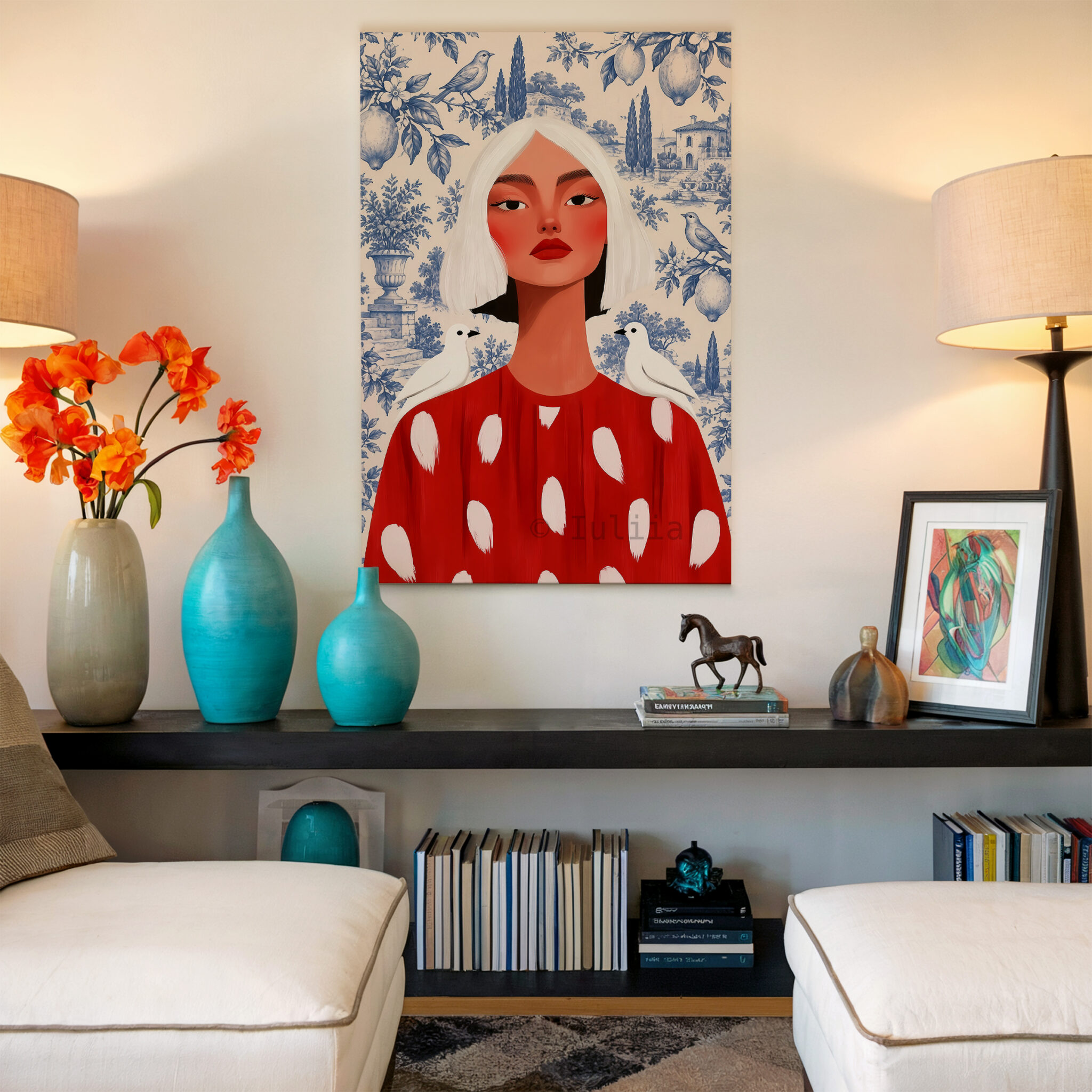 Blue Toile Art, White-Haired Woman in Red Dress, Decorative Birds and Lemon Pattern, Classic European Statement Artwork for Elegant Interiors - photo #16