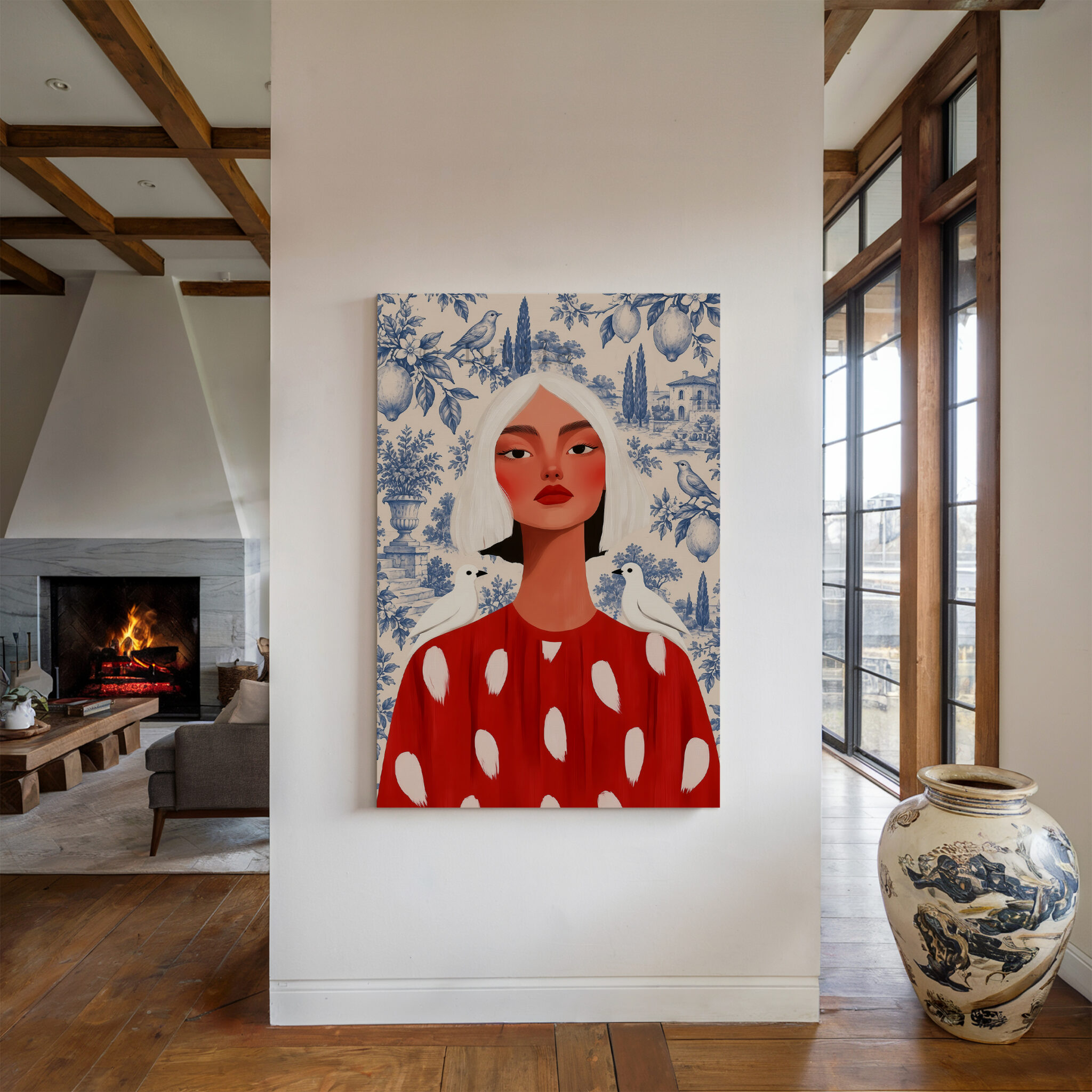 Blue Toile Art, White-Haired Woman in Red Dress, Decorative Birds and Lemon Pattern, Classic European Statement Artwork for Elegant Interiors - photo #4