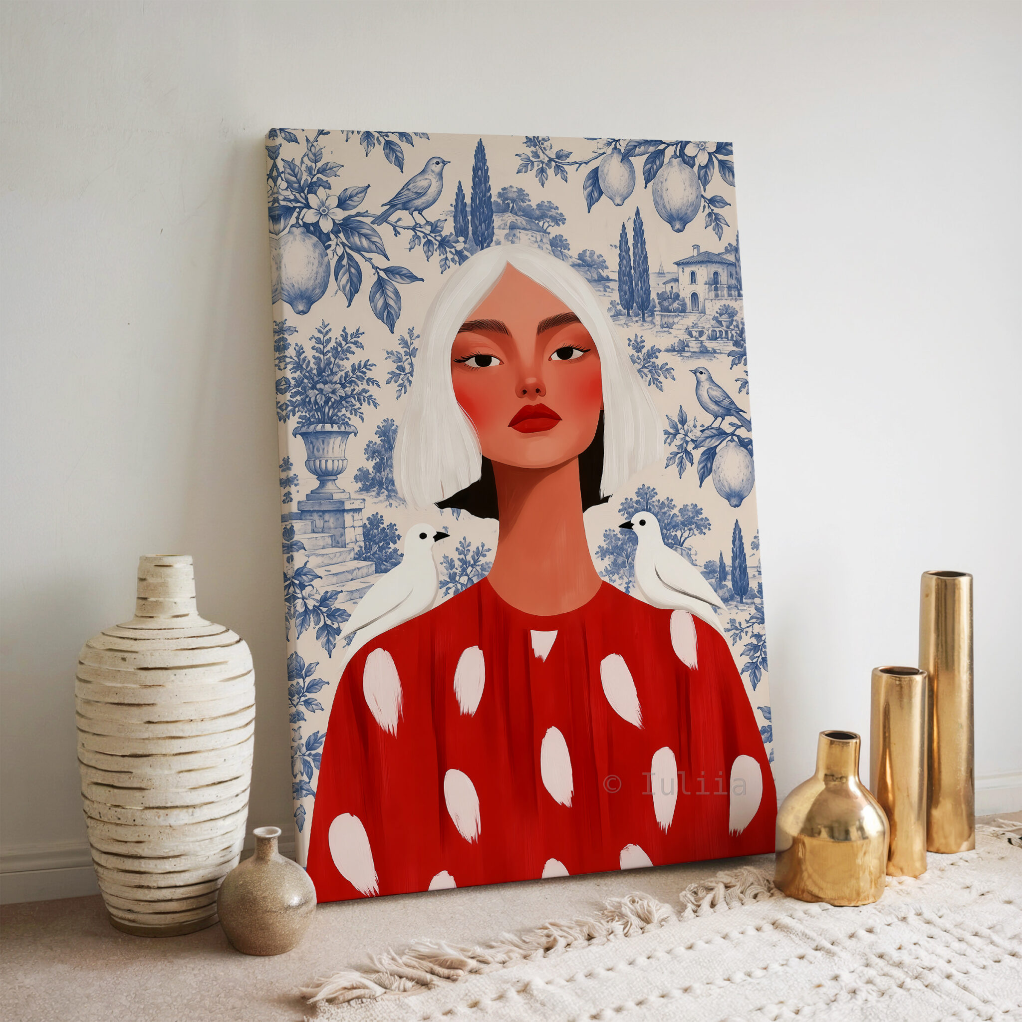 Blue Toile Art, White-Haired Woman in Red Dress, Decorative Birds and Lemon Pattern, Classic European Statement Artwork for Elegant Interiors - photo #6
