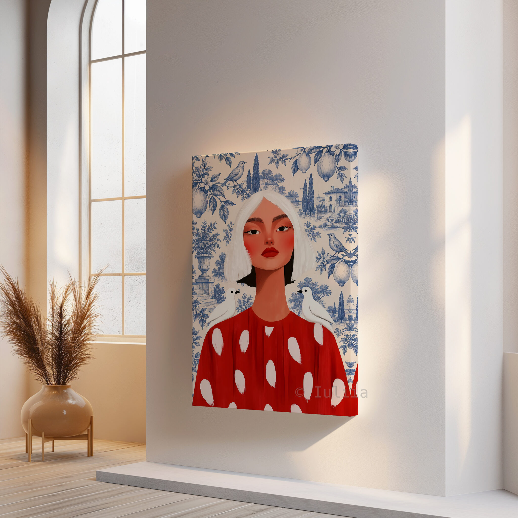 Blue Toile Art, White-Haired Woman in Red Dress, Decorative Birds and Lemon Pattern, Classic European Statement Artwork for Elegant Interiors - photo #14