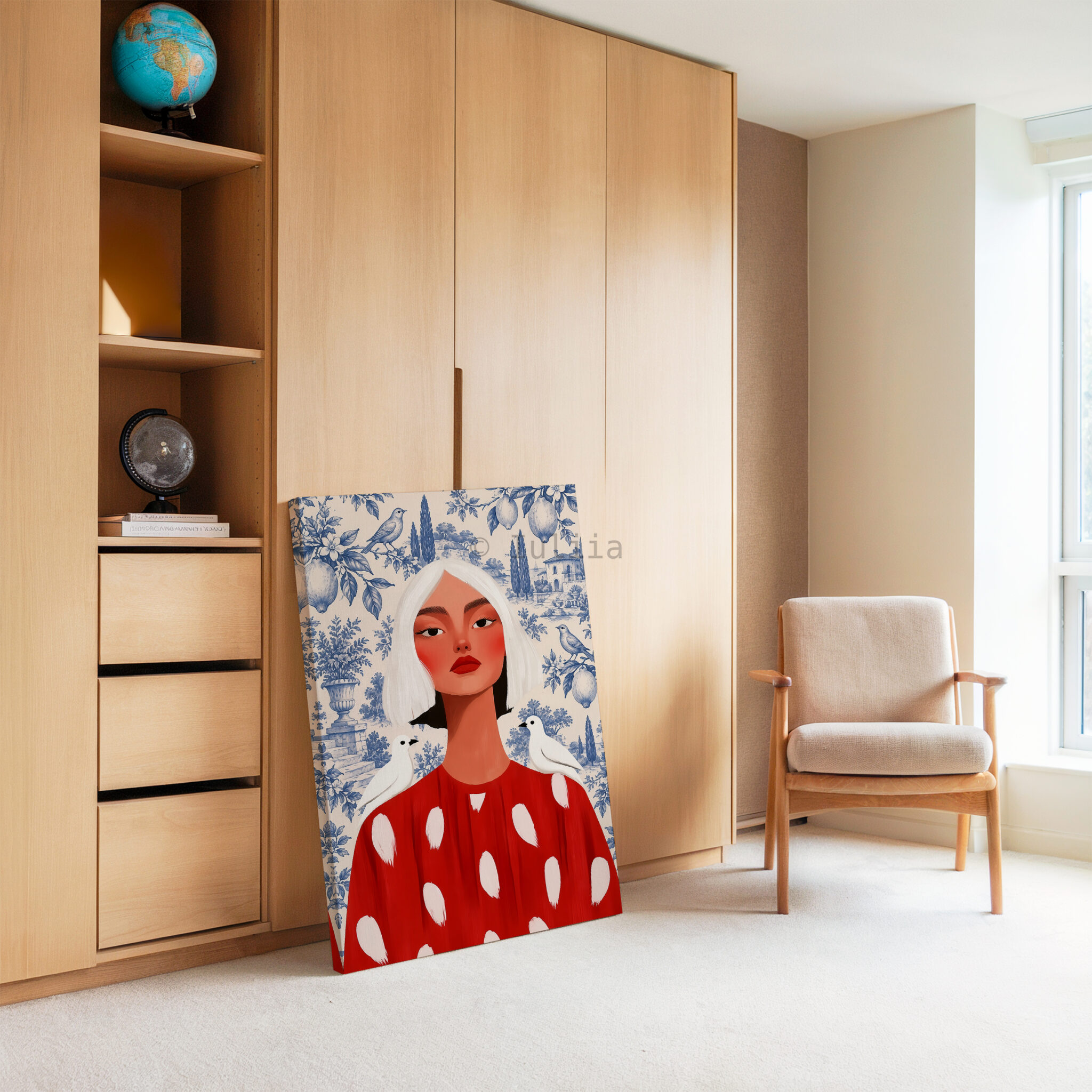 Blue Toile Art, White-Haired Woman in Red Dress, Decorative Birds and Lemon Pattern, Classic European Statement Artwork for Elegant Interiors - photo #3