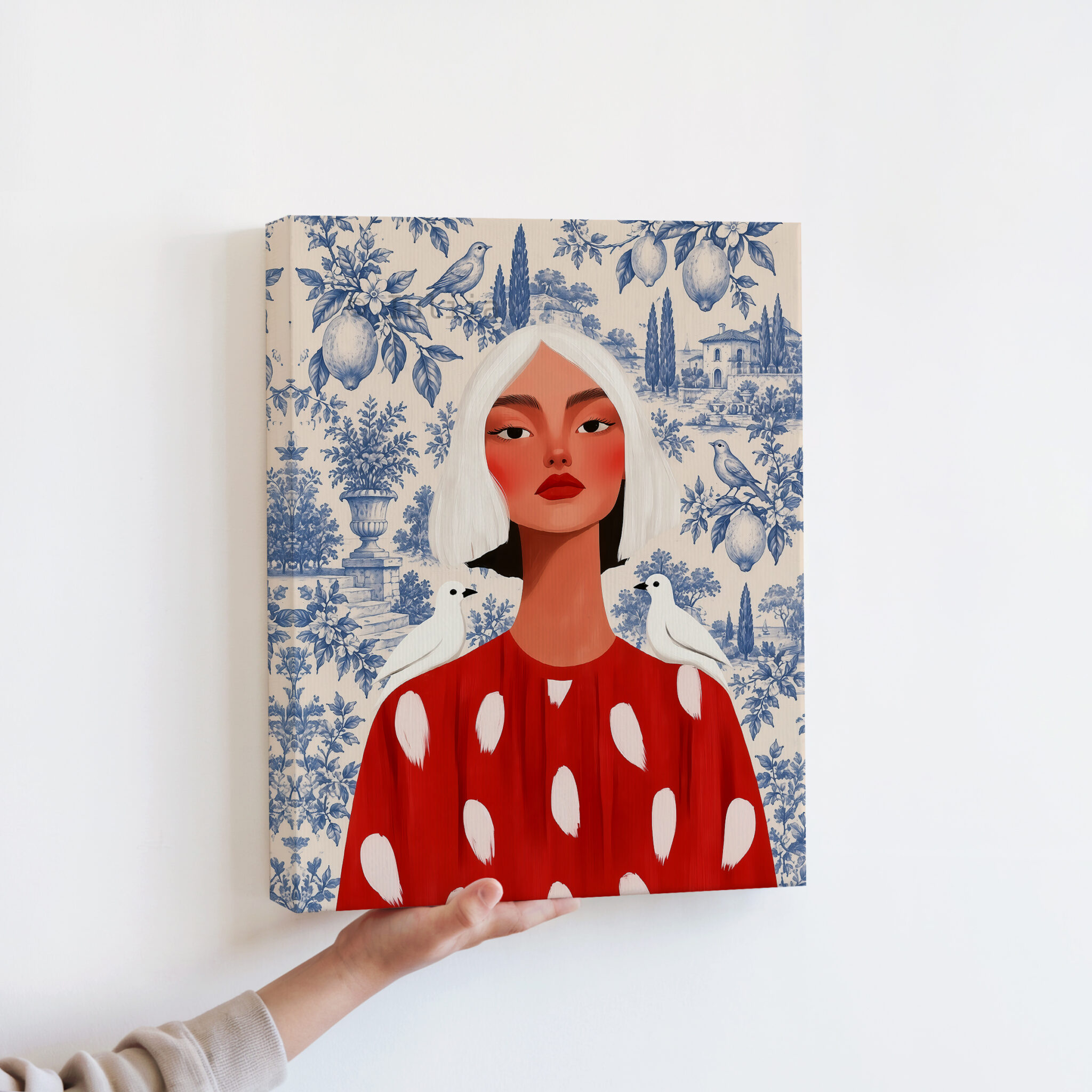 Blue Toile Art, White-Haired Woman in Red Dress, Decorative Birds and Lemon Pattern, Classic European Statement Artwork for Elegant Interiors - photo #12