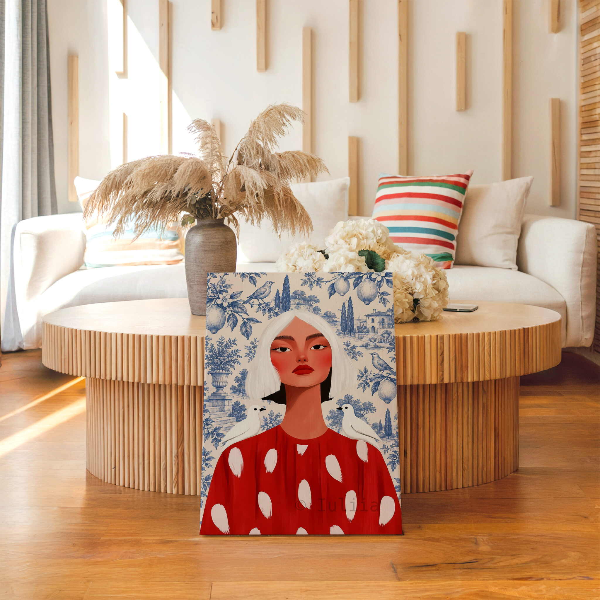 Blue Toile Art, White-Haired Woman in Red Dress, Decorative Birds and Lemon Pattern, Classic European Statement Artwork for Elegant Interiors - photo #13