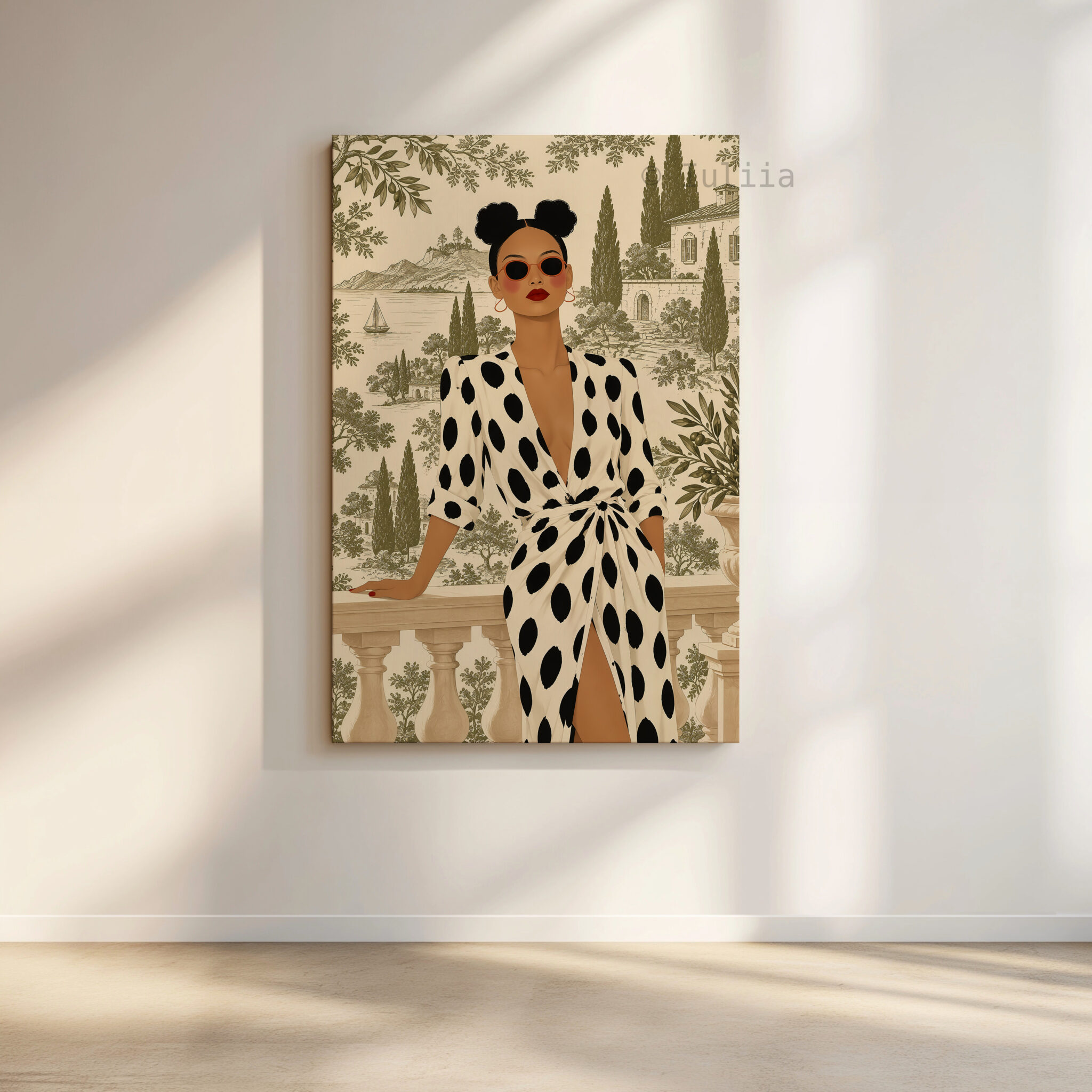 Olive Scenic Canvas, Chic Woman in Black Polka Dot Dress, Lakeside Villa and Cypress Trees, Elegant European Portrait Artwork for Home Decor
