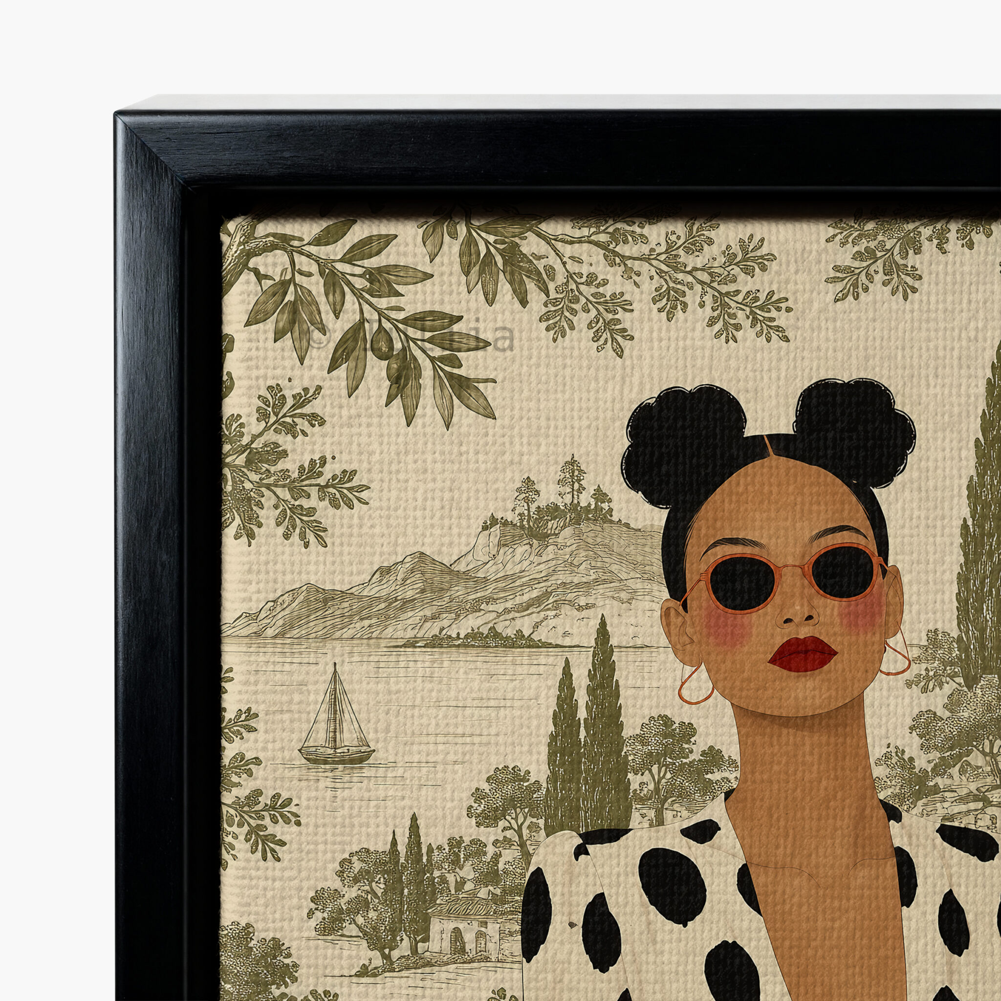 Olive Scenic Canvas, Chic Woman in Black Polka Dot Dress, Lakeside Villa and Cypress Trees, Elegant European Portrait Artwork for Home Decor - photo #9