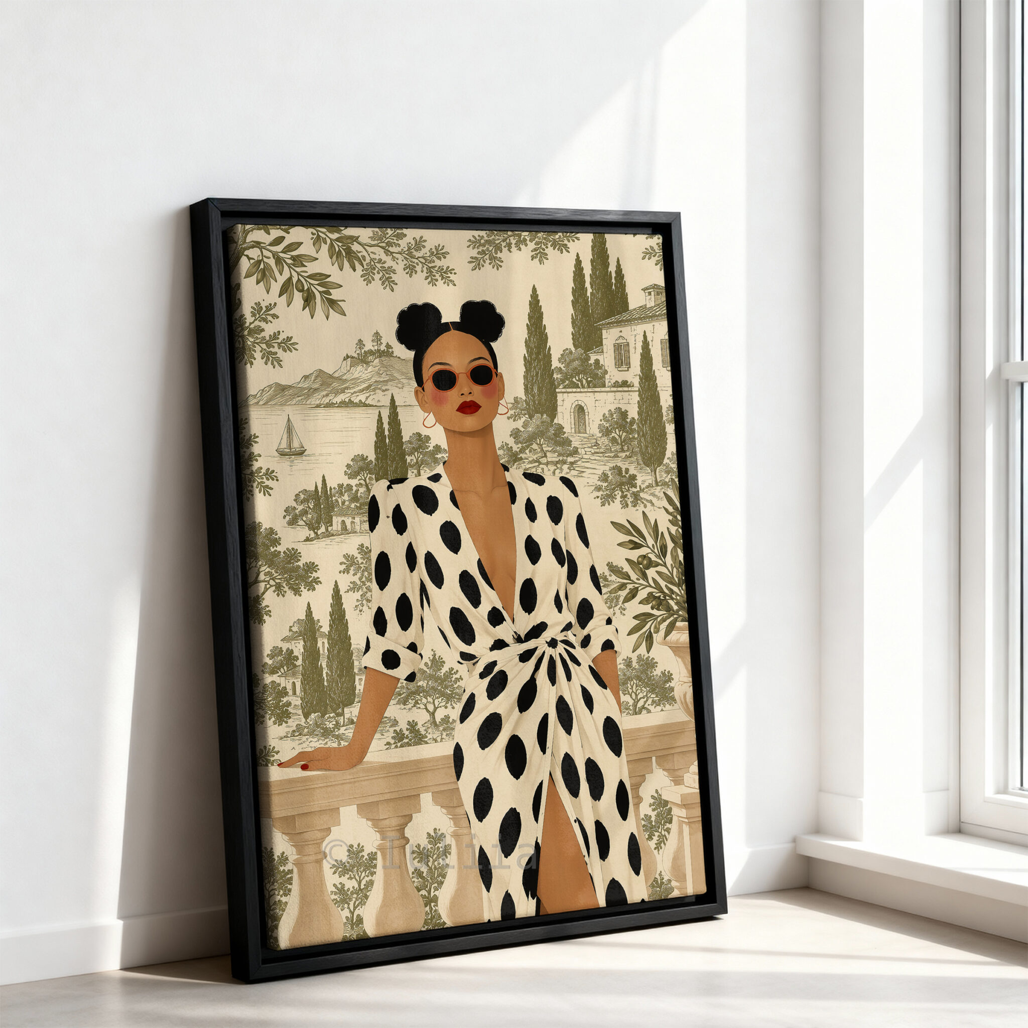 Olive Scenic Canvas, Chic Woman in Black Polka Dot Dress, Lakeside Villa and Cypress Trees, Elegant European Portrait Artwork for Home Decor - photo #10